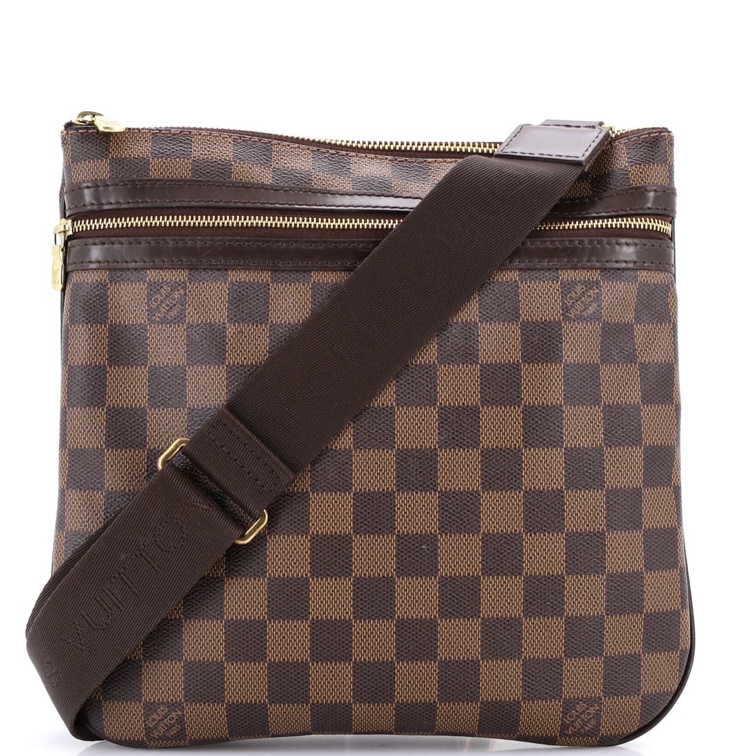 Damier Pochette Bosphore Vuitton Louis: Damier Pochette Bosphore Vuitton Louis The Damier Pochette Bosphore Vuitton Louis is a classic cross body bag with a timeless design. Measuring 10" x 10" x 1" with a 17-28" adjustable strap, this bag