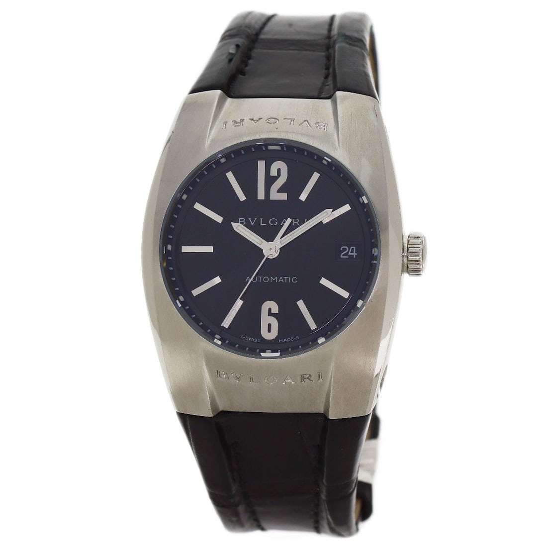 Bvlgari watches eg35s stainless steel leather: Bvlgari watches eg35s stainless steel leather Stainless steel and silver leather come together in this sleek Bvlgari watch, featuring a 35mm case and automatic mechanical movement. The black dial and