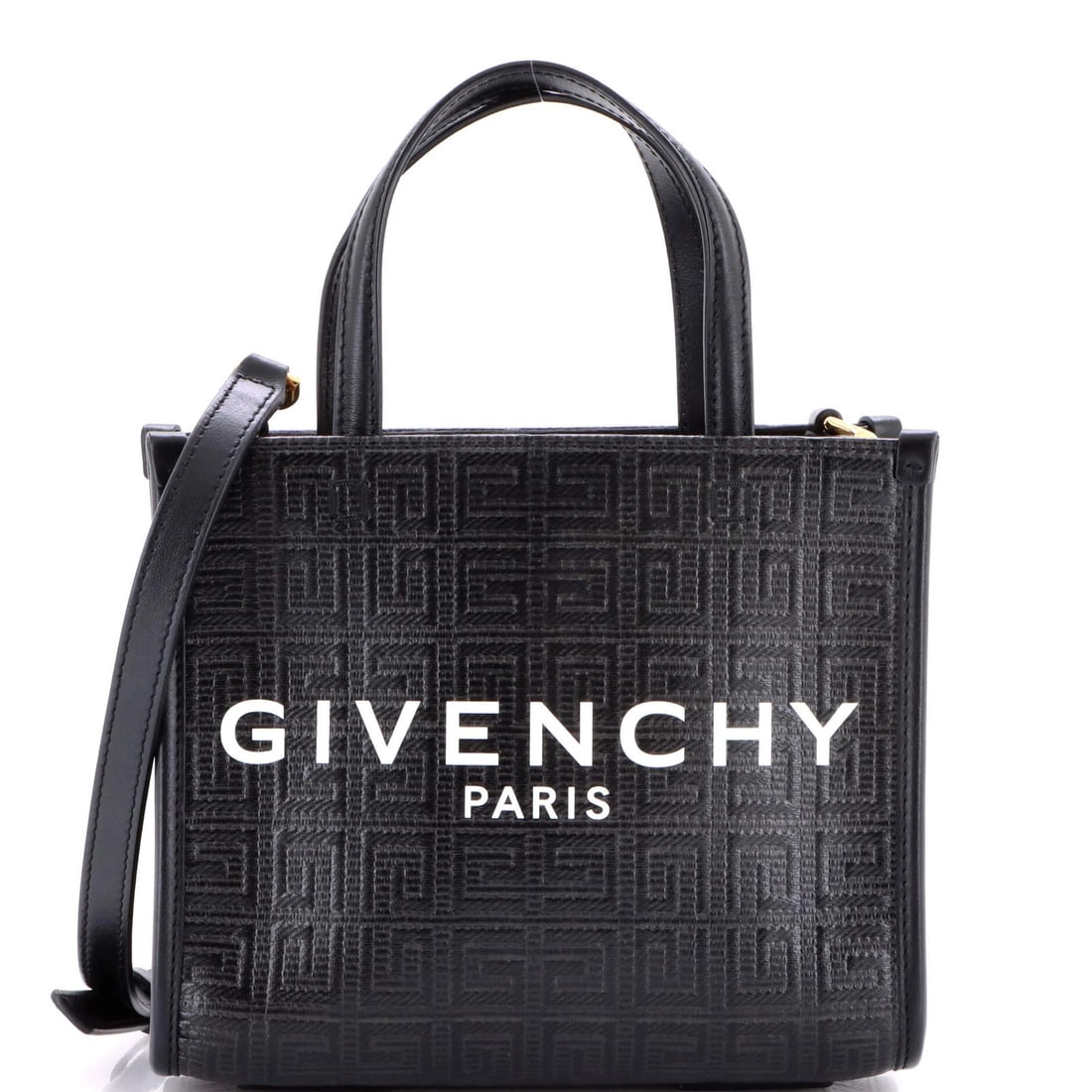 G Tote 4G Embossed Canvas Mini Coated Givenchy: G Tote 4G Embossed Canvas Mini Coated Givenchy Black leather Givenchy G Tote 4G Embossed Coated Canvas Mini measures 6" high, 7" wide, and 3.5" deep, with a 21" strap drop. The exterior features edge