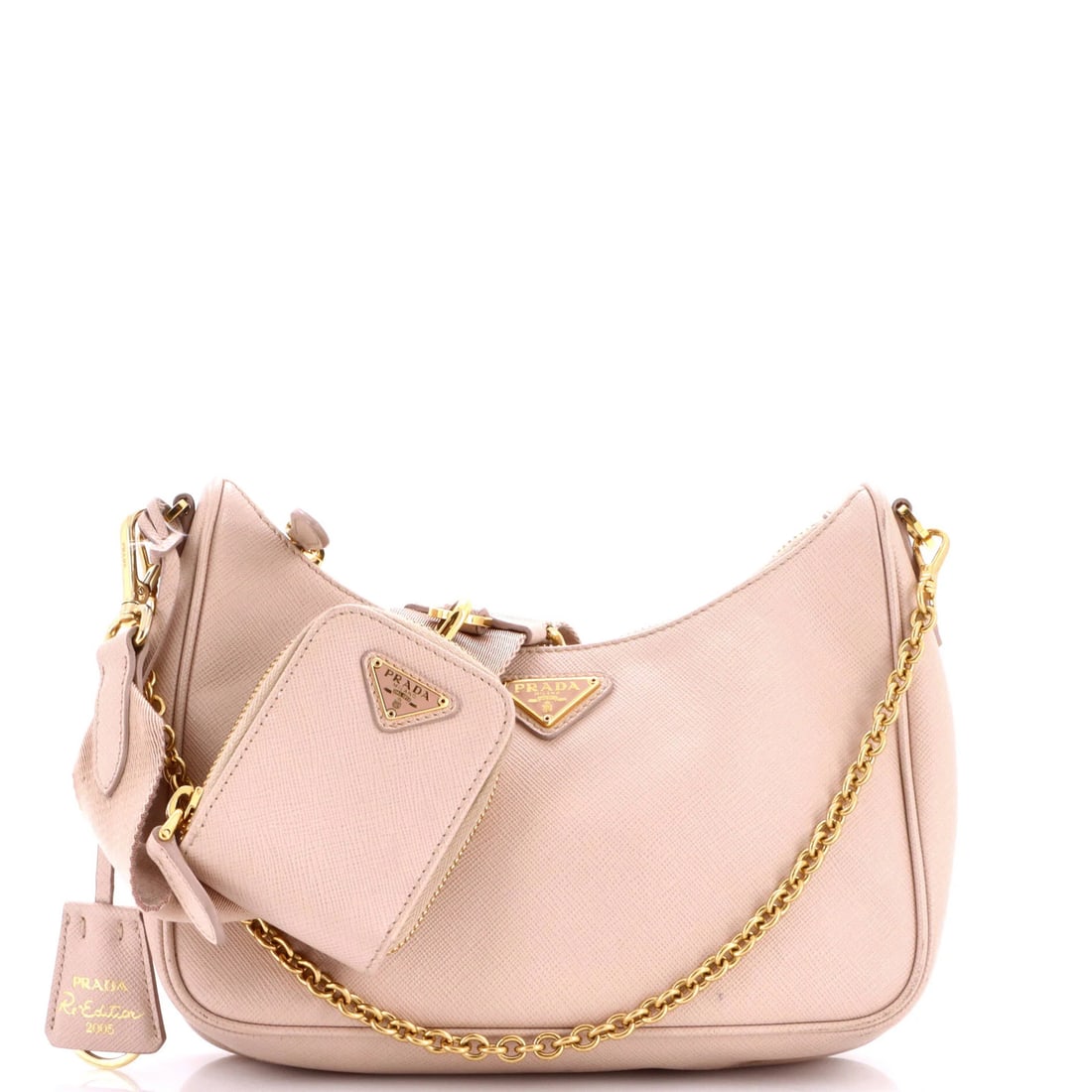 Saffiano Leather Small Prada Re-Edition 2005 Shoulder Bag: Saffiano Leather Small Prada Re-Edition 2005 Shoulder Bag Saffiano Leather Small Prada Re-Edition 2005 Shoulder Bag features a neutral exterior with minor scuffs, a gold hardware, and a brown interior