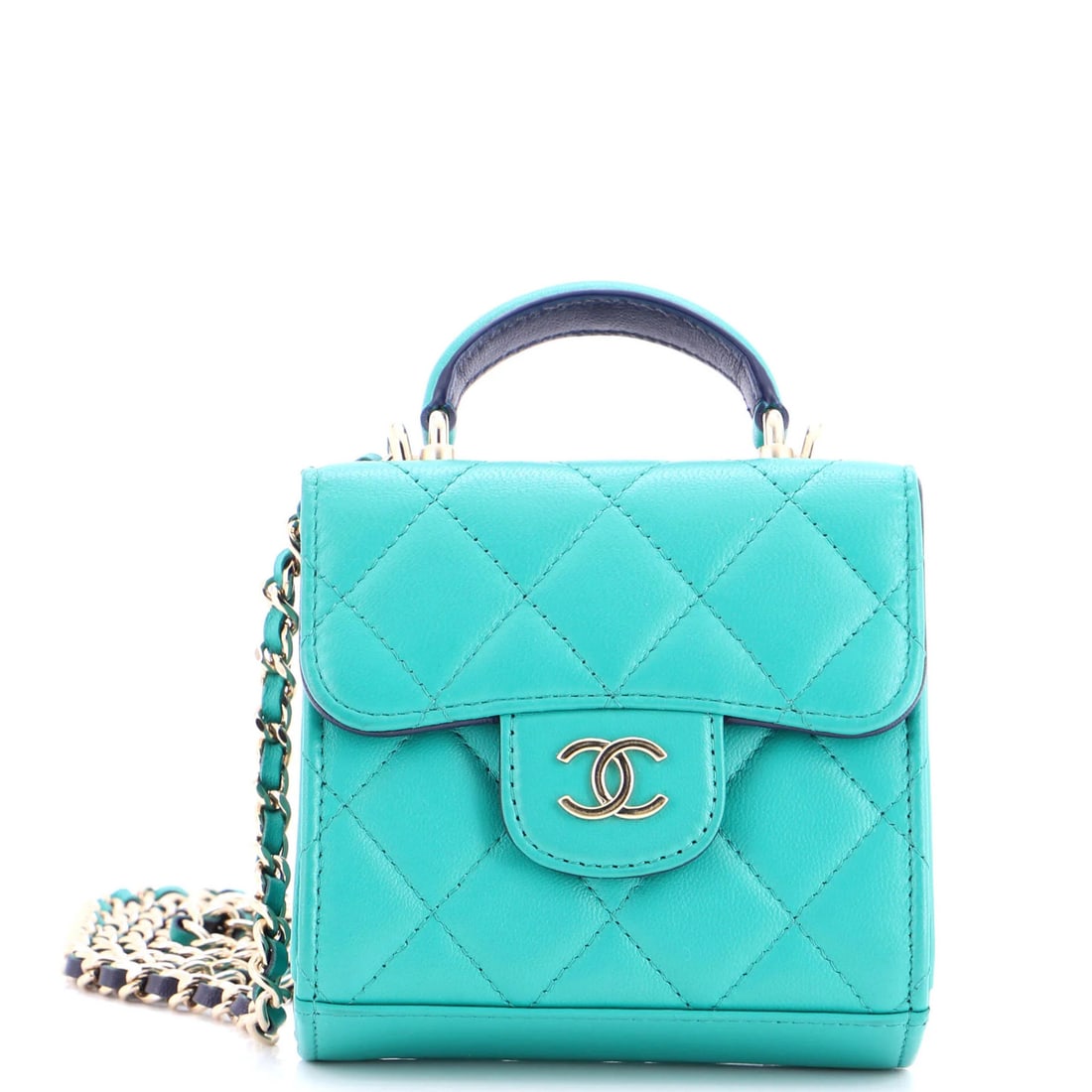 Square Classic Flap Quilted Lambskin Clutch Chanel Handle with Chain Top: Square Classic Flap Quilted Lambskin Clutch Chanel Handle with Chain Top The Square Classic Flap Quilted Lambskin Clutch features a stunning green leather exterior with a chain top and gold tone hardw