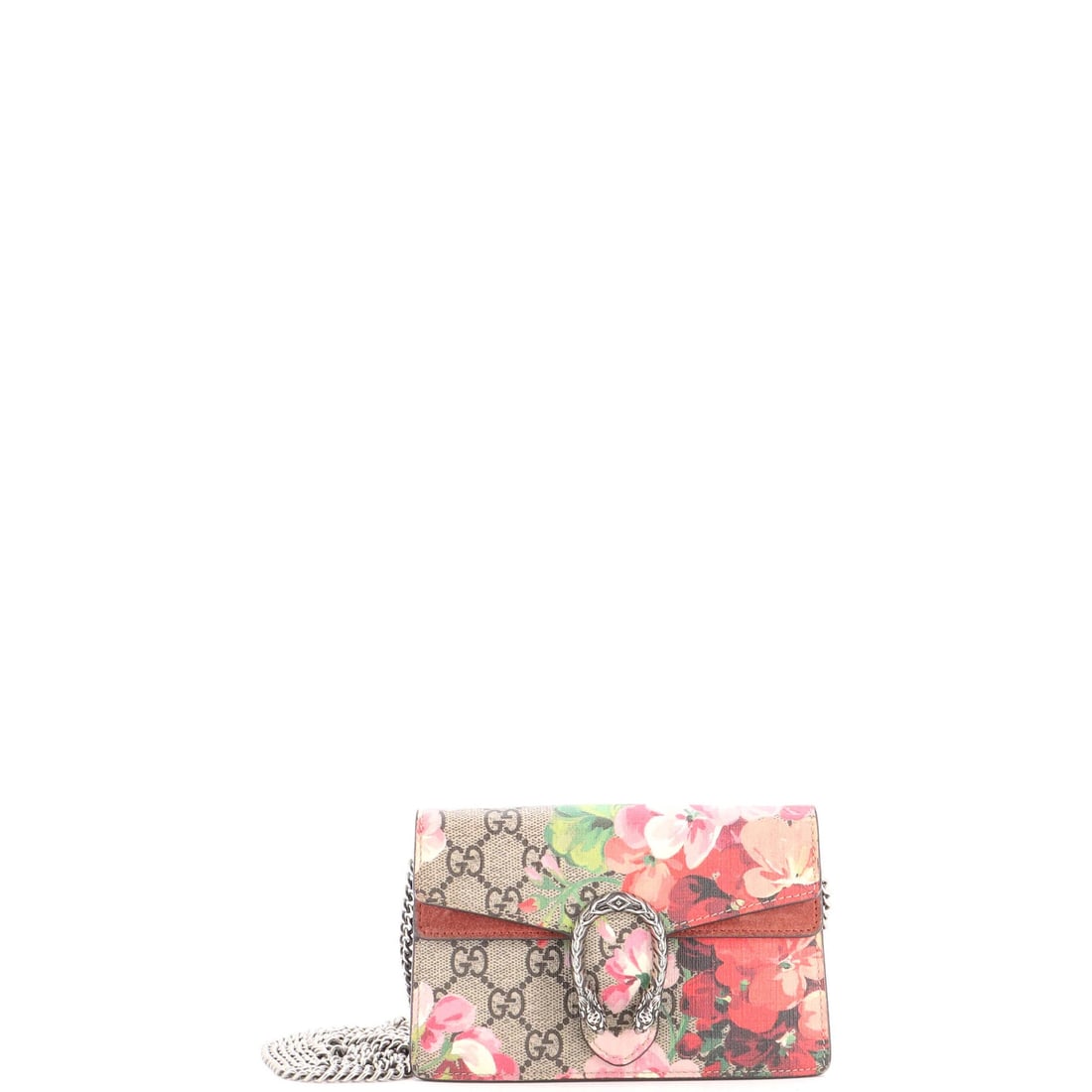 Gucci Coated Canvas Blooms Print Dionysus Bag Super Mini GG: Gucci Coated Canvas Blooms Print Dionysus Bag Super Mini GG Super Mini GG Dionysus Bag Blooms Print Gucci Coated Canvas Bag in Brown with Suede Red Interior and Silver Hardware. This cross-body bag