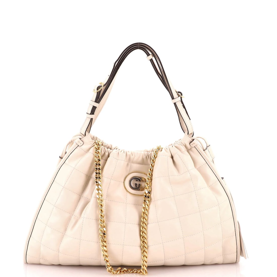 Tote Matelasse Leather Deco Medium Gucci: Tote Matelasse Leather Deco Medium Gucci White Matelasse Leather Deco Medium Tote from Gucci, featuring a classic medium size with 8" handle drop and 16.5" width, in excellent condition with minor