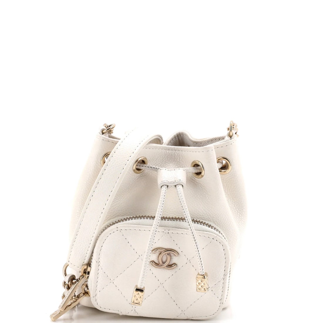 Business Affinity Drawstring Caviar Mini Quilted Bucket Bag Chanel: Business Affinity Drawstring Caviar Mini Quilted Bucket Bag Chanel White leather quilted caviar mini bucket bag with gold tone hardware, featuring a drawstring closure and a compact 5" x 4" x 2" desig