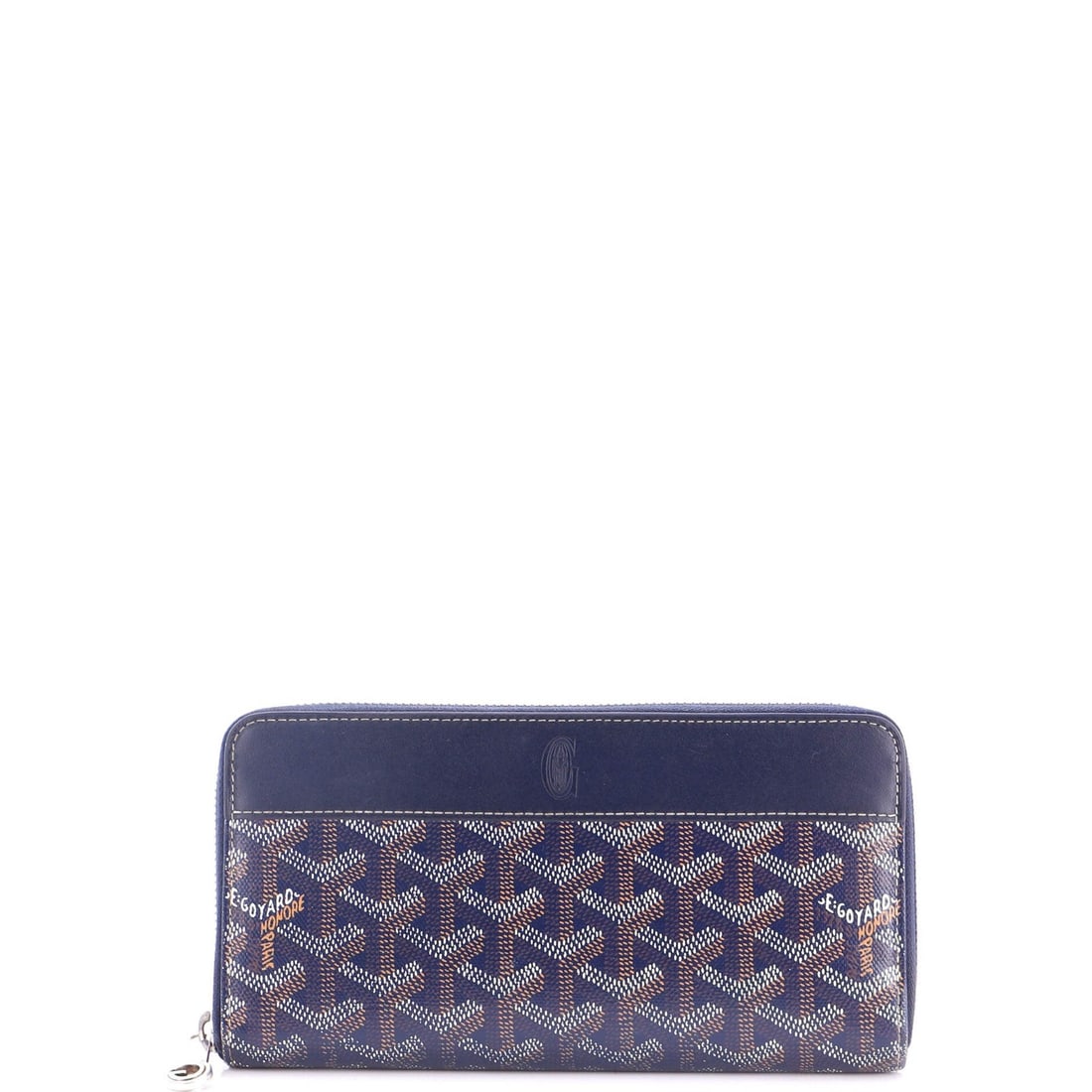 Matignon Goyard Coated Canvas Leather Wallet with Zip: Matignon Goyard Coated Canvas Leather Wallet with Zip Blue Matignon Goyard Coated Canvas Leather Zip Wallet with moderate wear and scuffs on exterior and interior, and scratches on silver hardware.