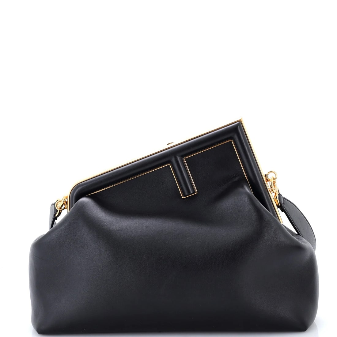Fendi medium bag leather: Fendi medium bag leather Black Fendi medium bag leather with gold hardware, featuring a canvas brown interior and minor scuffs on exterior and interior surfaces. This excellent condition clutch