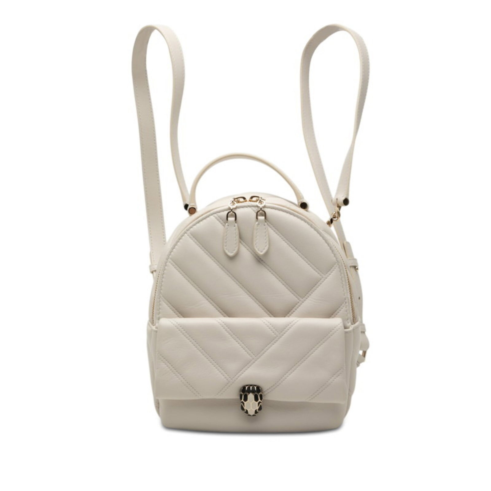 Leather Backpack Bvlgari: Leather Backpack Bvlgari Ivory leather backpack from Bvlgari, measuring 21cm x 17cm x 6.5cm. This classic design showcases the brand's signature style with its timeless color and high-quality