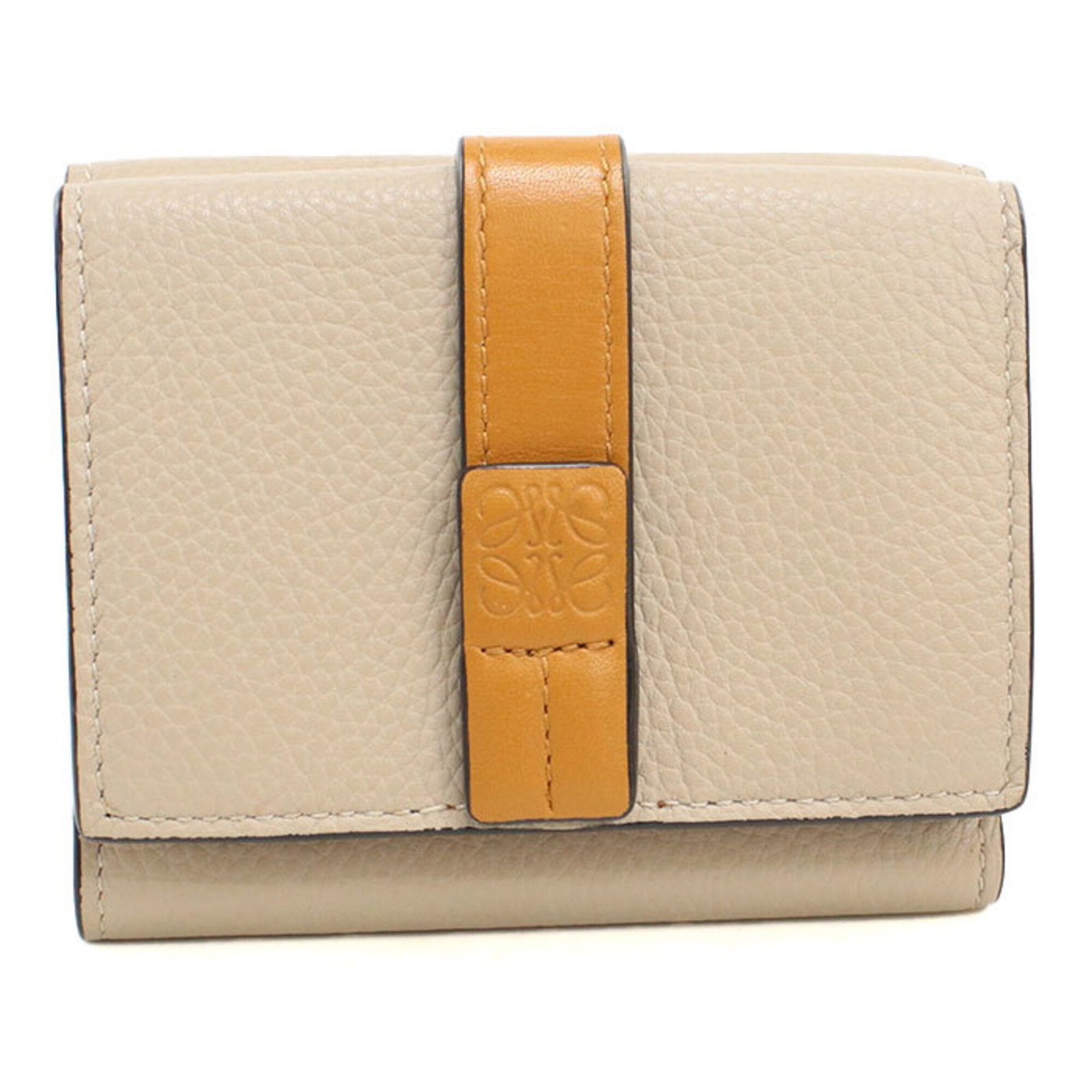 Loewe Wallet (Tri-Fold) Leather: Loewe Wallet (Tri-Fold) Leather Tri-fold leather wallet from renowned Spanish luxury brand Loewe, crafted from high-quality calfskin leather in a classic beige hue. Measuring 8cm x 9.5cm x 2.5cm,