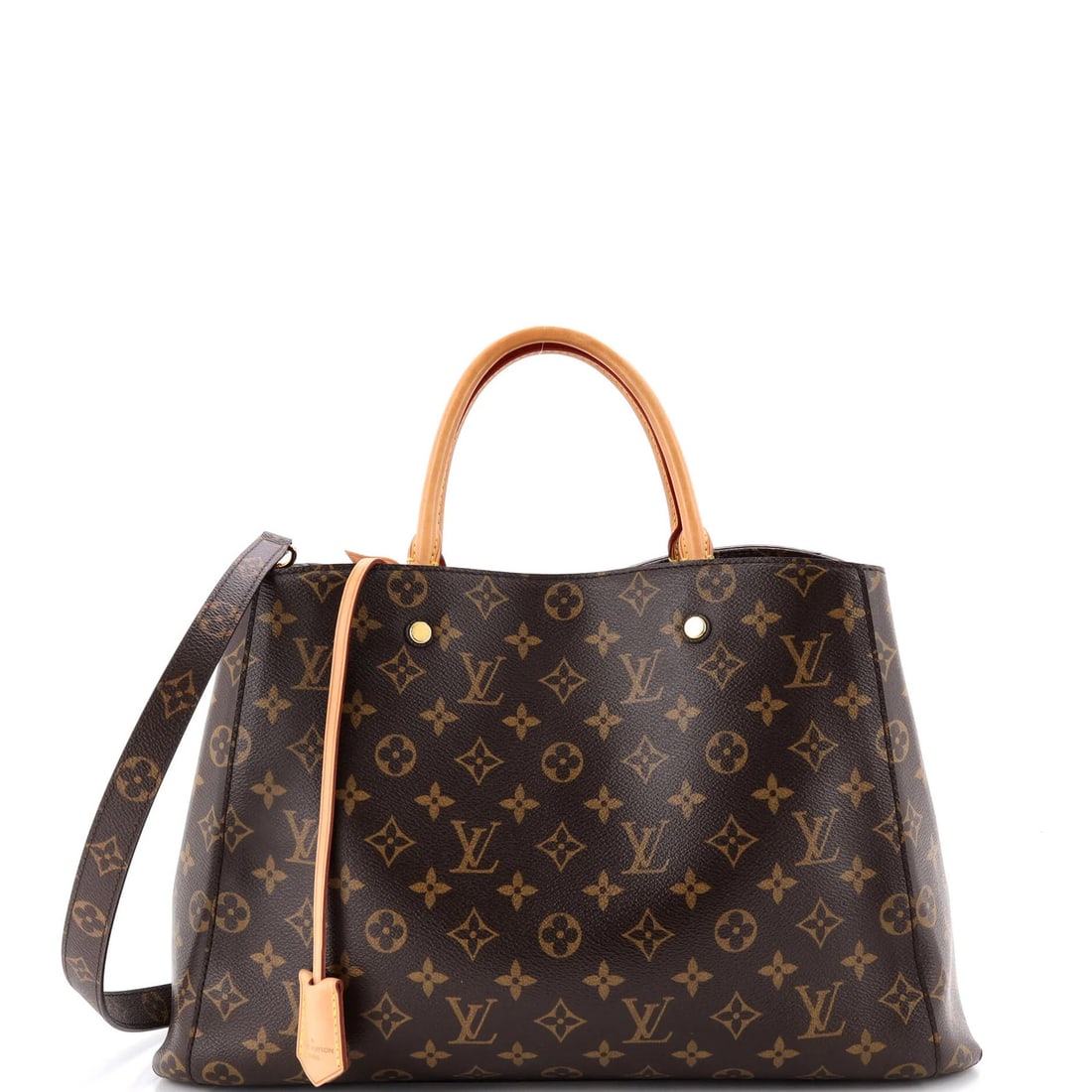 Louis Vuitton Canvas Monogram Handbag Montaigne GM: Louis Vuitton Canvas Monogram Handbag Montaigne GM The Louis Vuitton Canvas Monogram Handbag Montaigne GM is a timeless tote with a rich brown canvas exterior and striking red microfiber interior.