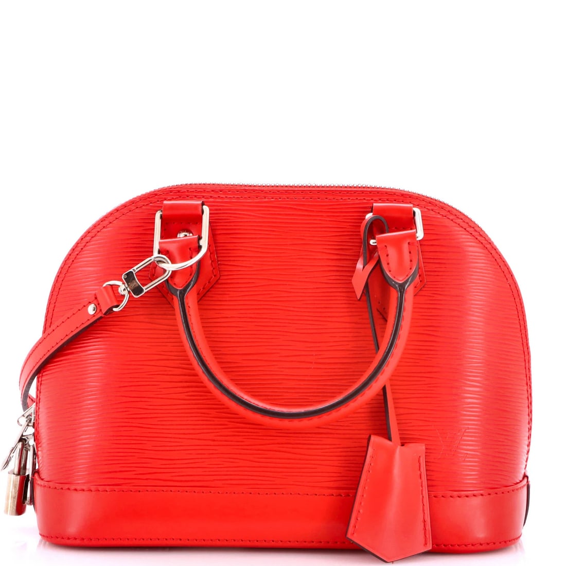 Vuitton Alma Handbag Epi Leather BB: Vuitton Alma Handbag Epi Leather BB Red Louis Vuitton Alma Handbag Epi Leather BB features a classic top handle design with minor scuffs on the exterior and creases on the handles and straps. The inte