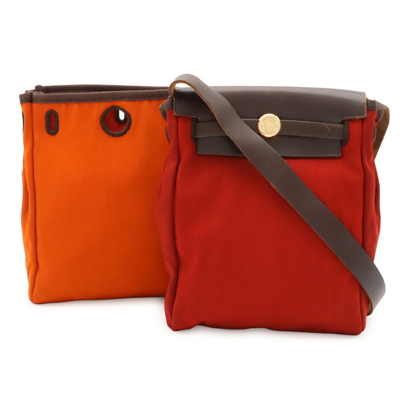 Hermes Pochette Shoulder Bag Canvas Leather: Hermes Pochette Shoulder Bag Canvas Leather Canvas and leather come together in this iconic Herm?s Pochette Shoulder Bag, crafted in dark brown, orange, and red hues. Measuring 20cm x 15.5cm x 6.5cm, 