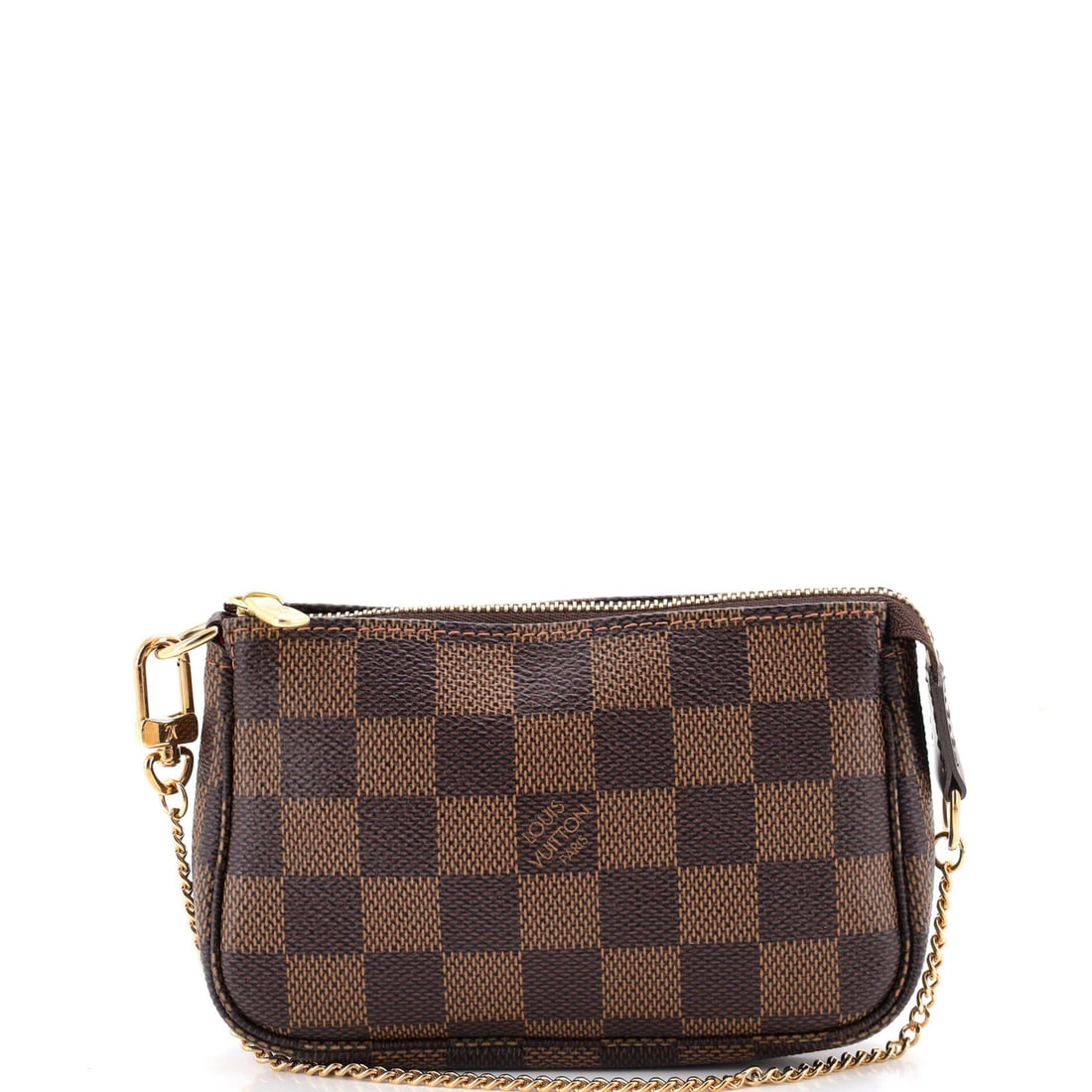 Vuitton Pochette Mini Accessoires Damier Louis: Vuitton Pochette Mini Accessoires Damier Louis Brown canvas coated Louis Vuitton Pochette Mini Accessoires Damier Mini features a classic design with a 6.5" handle drop and 4" height, measuring 5.5"