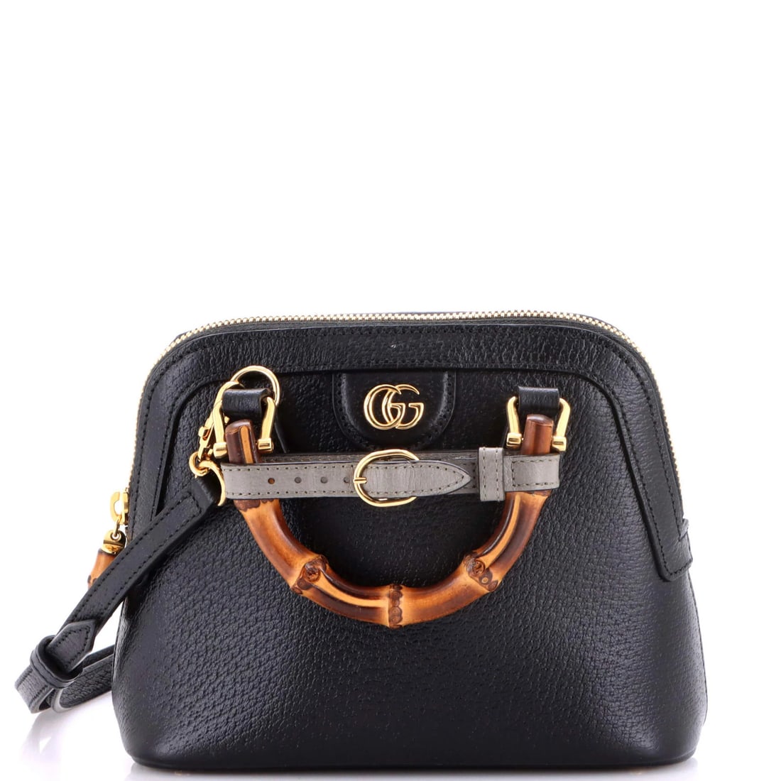 Diana NM Gucci Bamboo Leather Top Mini Handle Bag: Diana NM Gucci Bamboo Leather Top Mini Handle Bag Black leather mini cross body bag with a bamboo dome top handle, featuring a gold hardware and microfiber interior. The bag measures 6.5" tall, 7.5"