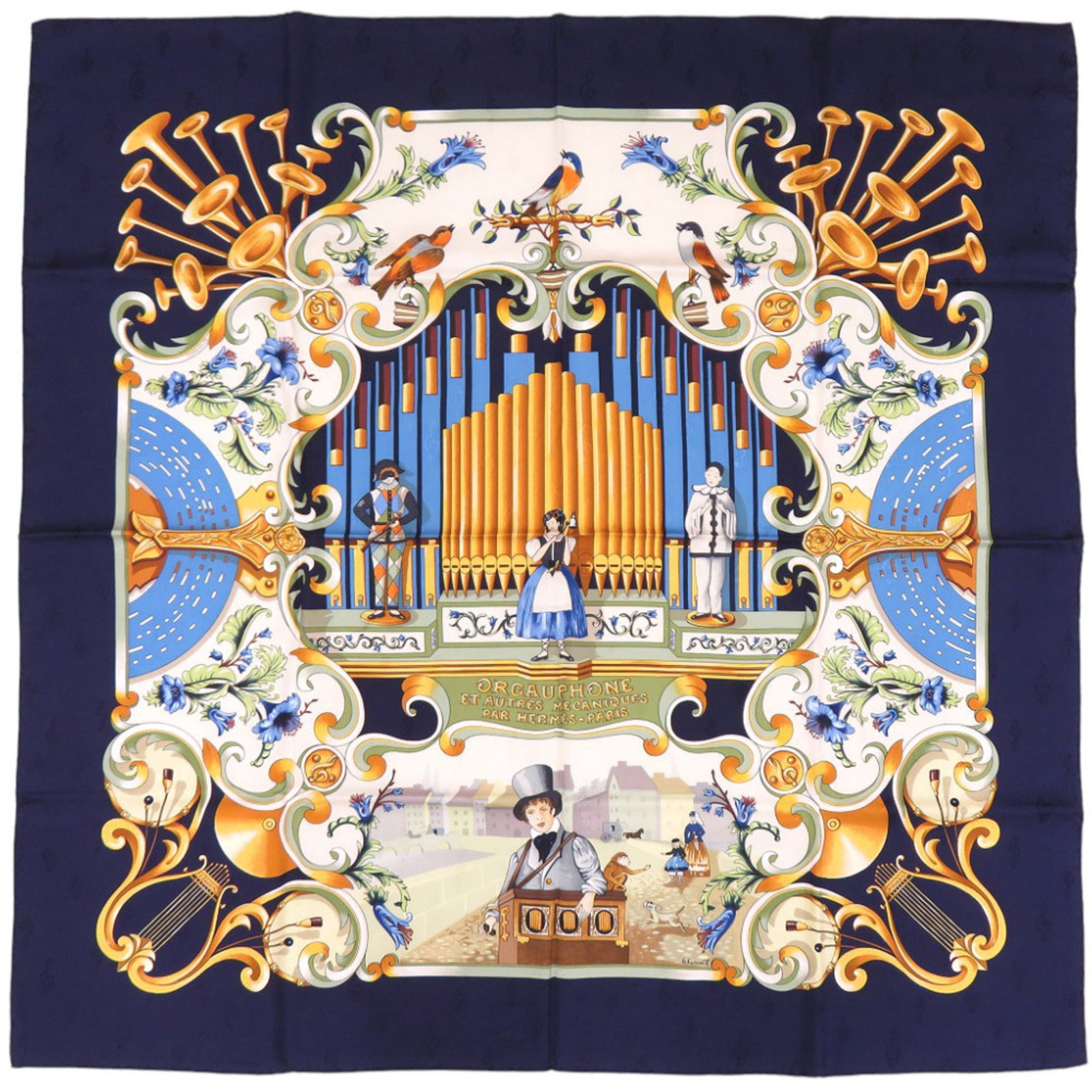 Silk Hermes Scarf: Silk Hermes Scarf Silk from France, this 88cm x 88cm scarf features a multi-color, navy design. Made from luxurious silk, the scarf boasts a classic size and elegant color palette. A stylish