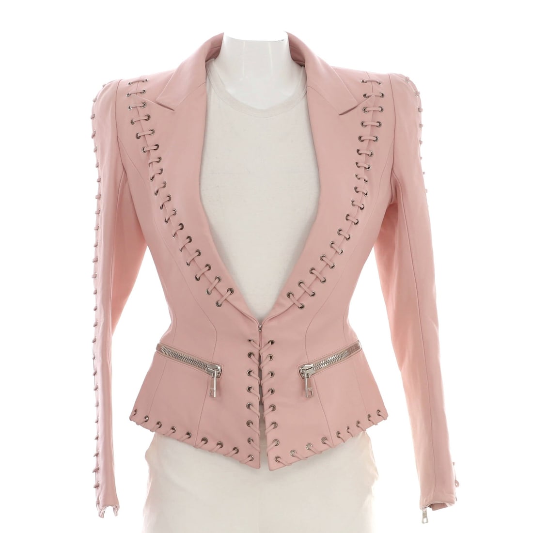 Women's Single Breasted Two Pocket Jacket Lambskin: Women's Single Breasted Two Pocket Jacket Lambskin The Women's Single Breasted Two Pocket Jacket Lambskin features a striking pink exterior made from high-quality leather, with silver hardware and a