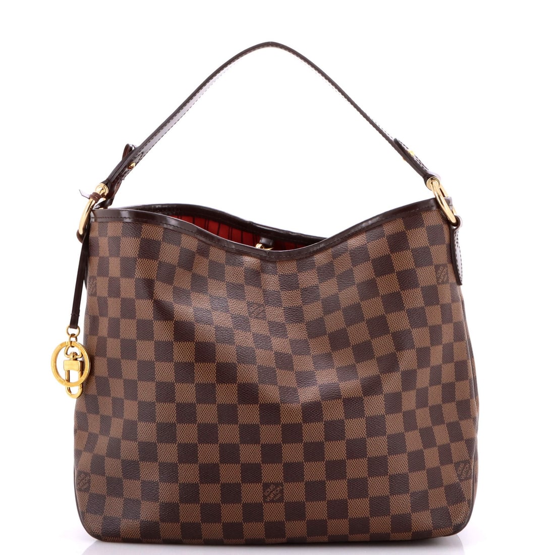 Damier MM Handbag NM Louis Vuitton: Damier MM Handbag NM Louis Vuitton Brown Damier MM Hobo Handbag with Gold Hardware, featuring a canvas-coated exterior and red fabric interior, measures 12" x 14" x 5" with an 8" handle drop and 7" st