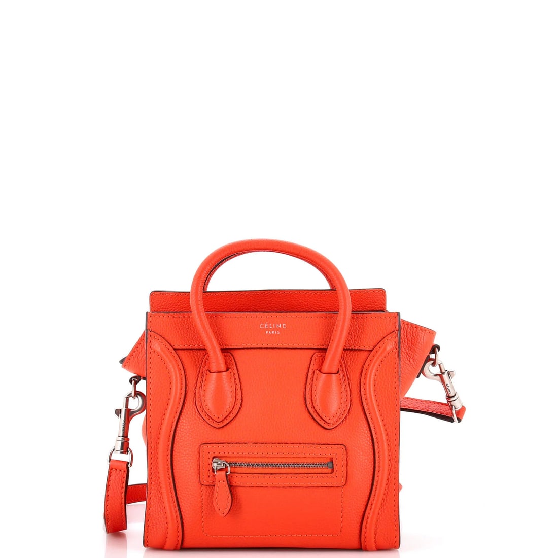 Luggage Bag Grainy Leather Nano Celine: Luggage Bag Grainy Leather Nano Celine Red Grainy Leather Nano Celine Cross Body Bag with Gold Hardware, featuring a 19" strap drop and interior made of microfiber. The bag has a classic nano size