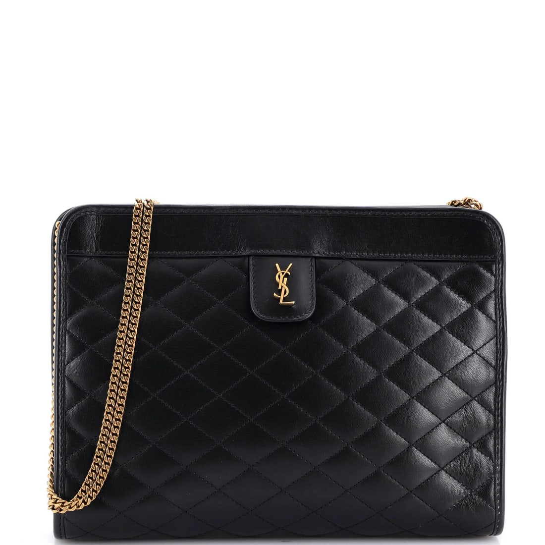 Leather quilted Saint Laurent chain clutch: Leather quilted Saint Laurent chain clutch Heavy quilted leather exterior with a classic chain design, this Saint Laurent Victoire chain clutch boasts a timeless look. The bag features a 9.5" handle