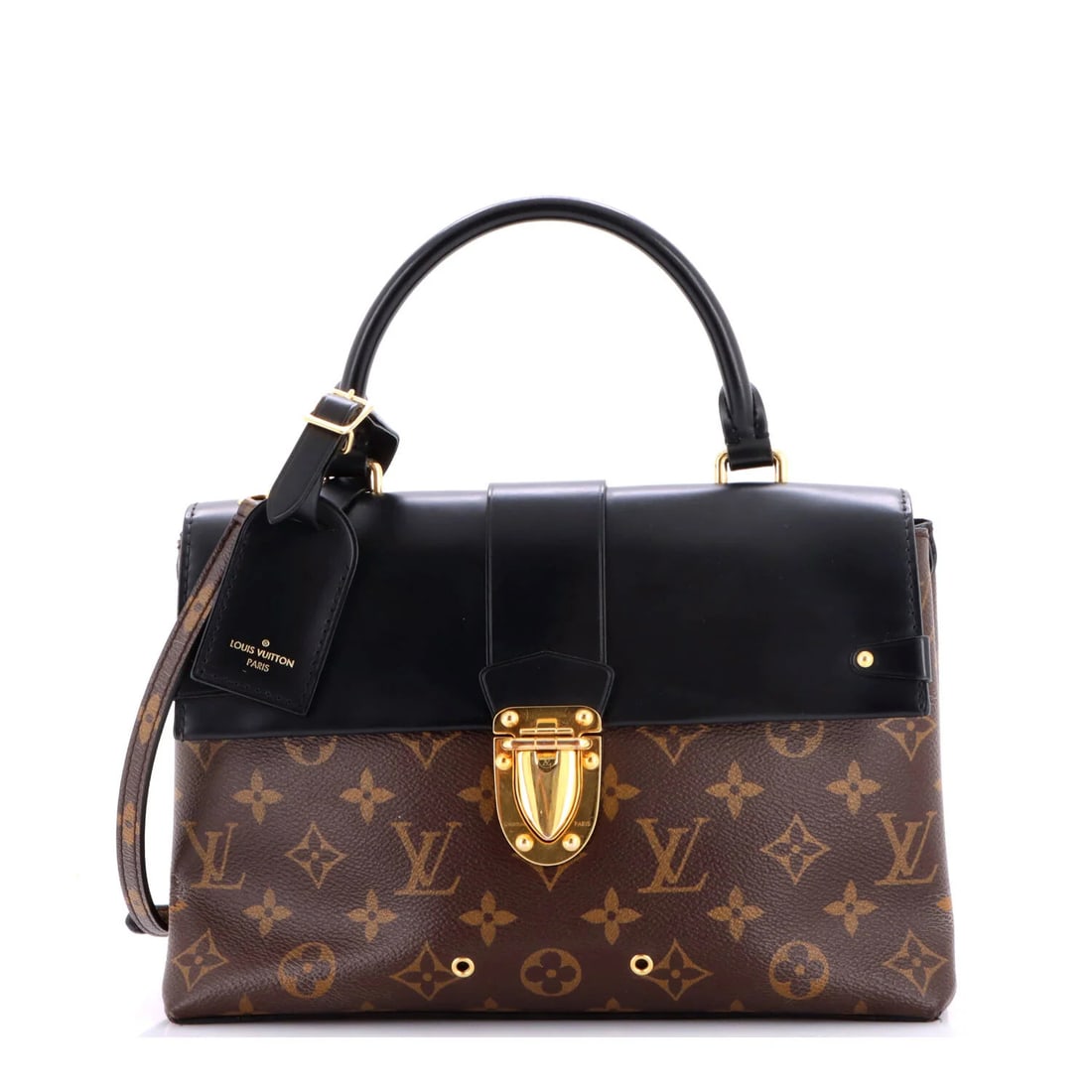 Louis Vuitton One Handle Flap Bag Monogram Canvas and Leather MM: Louis Vuitton One Handle Flap Bag Monogram Canvas and Leather MM Black Louis Vuitton One Handle Flap Bag with Monogram Canvas and Leather MM features a classic design, heavy edge wear, and a gold