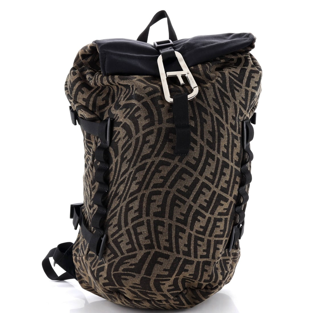 Vertigo Backpack Ripstop Canvas Ferrino Zucca Sarah Coleman Fendi: Vertigo Backpack Ripstop Canvas Ferrino Zucca Sarah Coleman Fendi Brown canvas backpack with silver hardware, featuring a classic ripstop design and minor creases on exterior and interior surfaces. Th