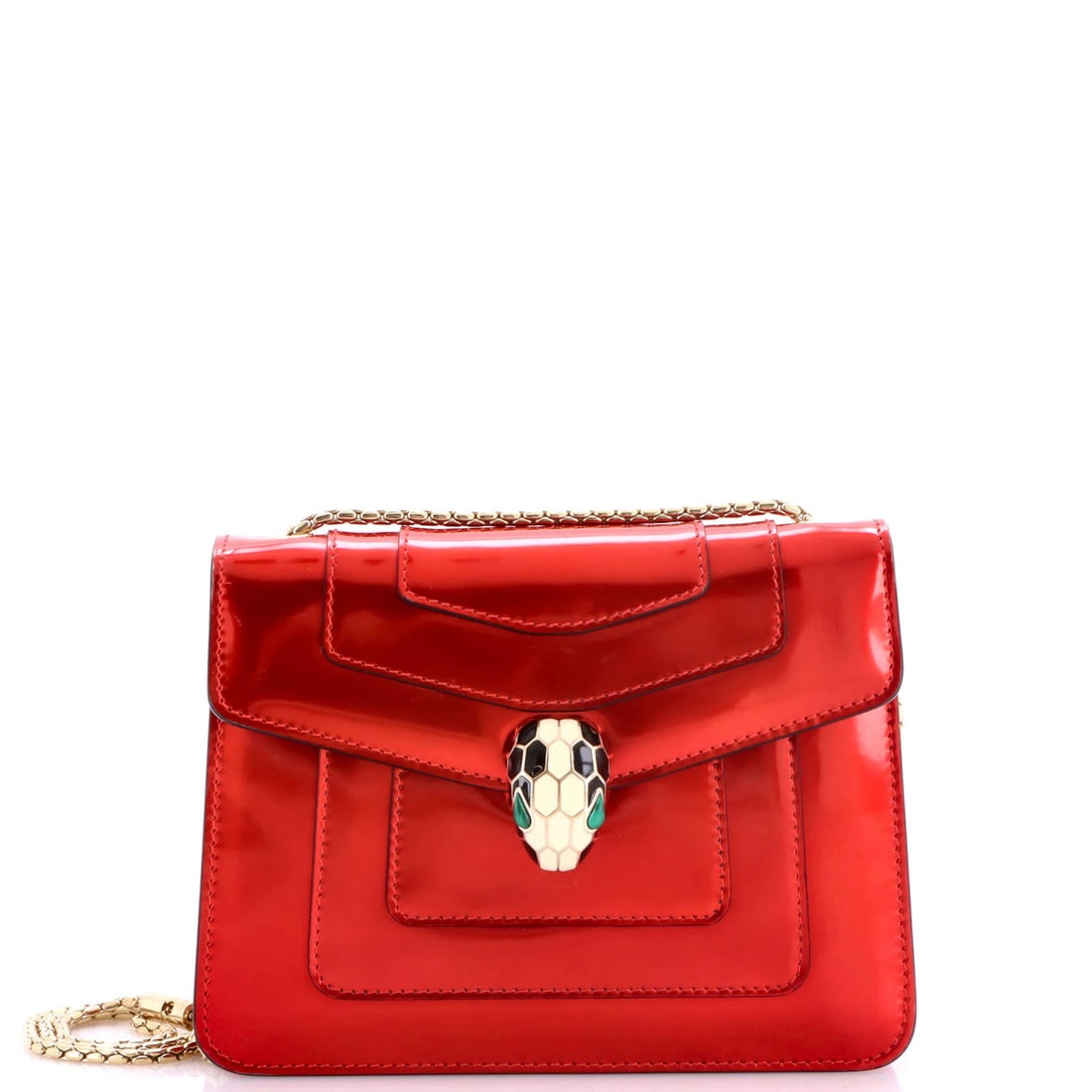 Small Square Leather Metallic Bag Forever Serpenti Bvlgari: Small Square Leather Metallic Bag Forever Serpenti Bvlgari Red patent leather exterior, gold tone hardware, and a signature on the work make this Bvlgari Serpenti Forever Square Shoulder Bag Metallic 