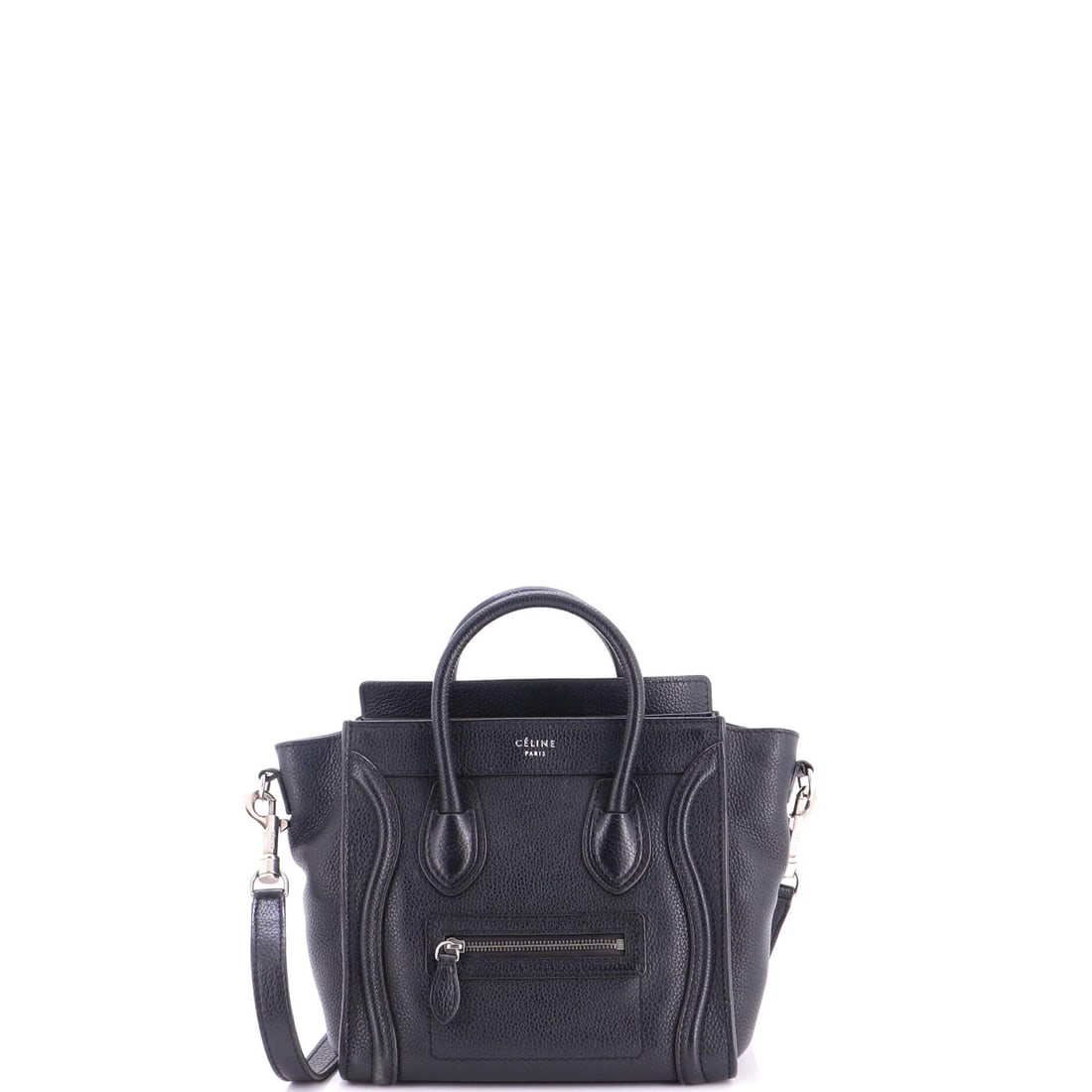 Luggage Bag Grainy Leather Nano Celine: Luggage Bag Grainy Leather Nano Celine Black Grainy Leather Nano Celine Cross Body Bag with Aged Silver Hardware, featuring a compact size and adjustable strap for a secure fit. The bag's exterior
