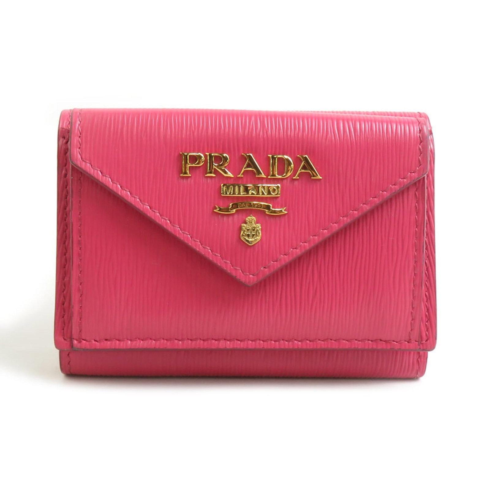 Prada Wallet (Tri-Fold) Leather: Prada Wallet (Tri-Fold) Leather Tri-fold leather wallet from Prada, featuring a classic design with a pink color. Made from high-quality leather, this wallet measures 7cm x 10cm x 3cm and is a stylish