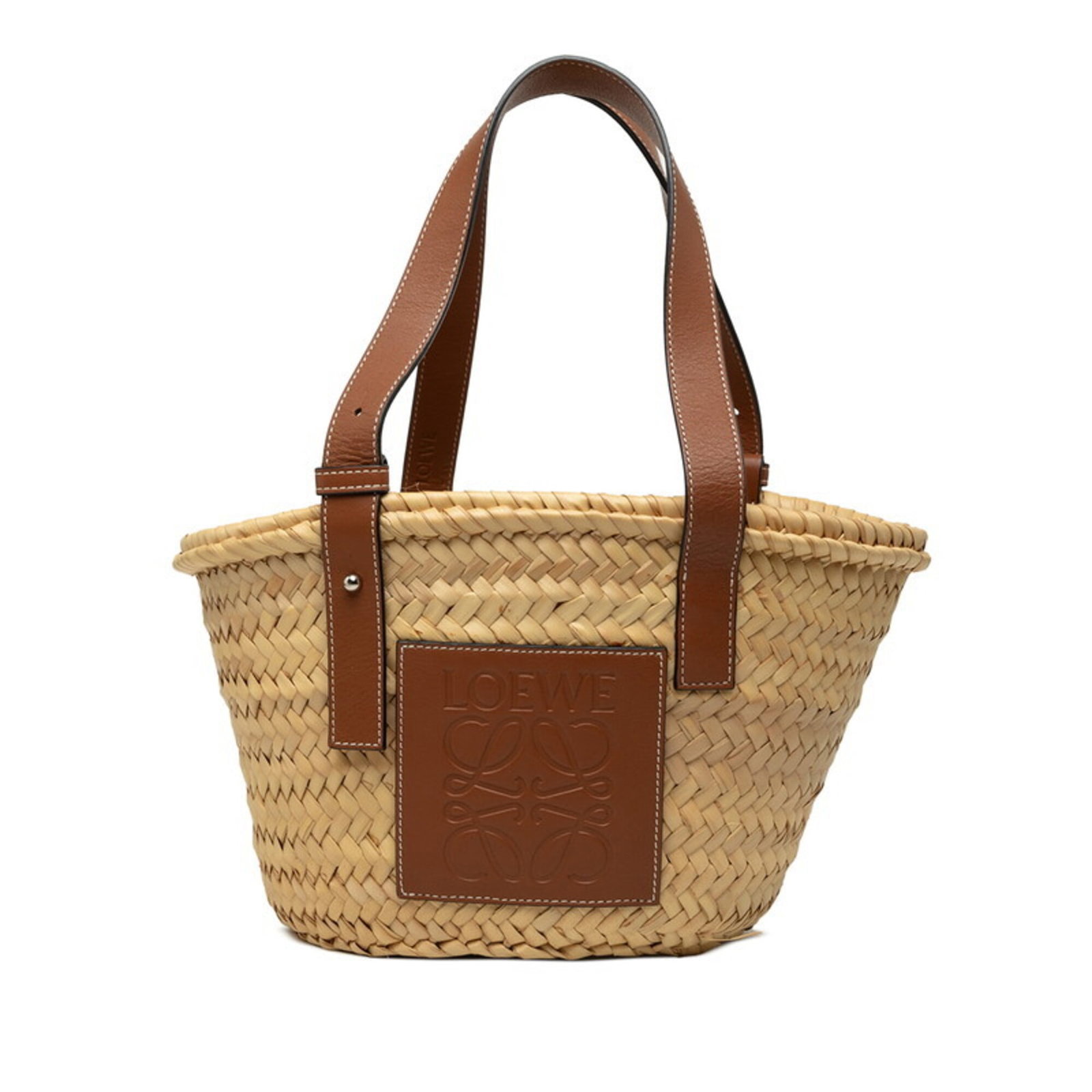 Raffia Leather Handbag Basket Loewe: Raffia Leather Handbag Basket Loewe Raffia and leather come together in this unique basket handbag from Loewe, featuring a natural brown color and a sturdy 20cm x 32cm x 13cm size. The combination of