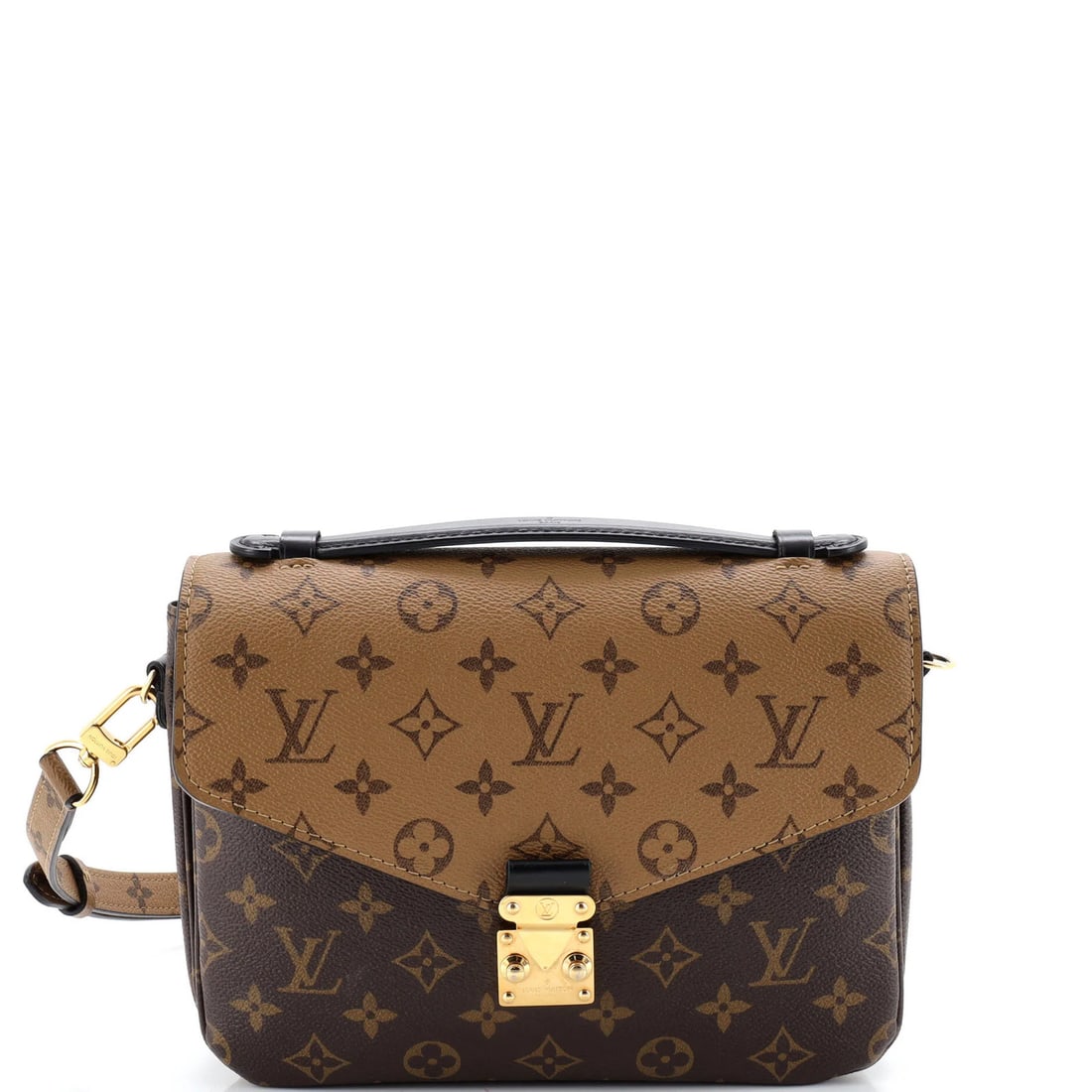 Monogram Reverse Canvas Pochette Louis Vuitton: Monogram Reverse Canvas Pochette Louis Vuitton This Louis Vuitton Pochette Metis Reverse Monogram Canvas Cross Body Bag boasts a rich brown exterior with a canvas-coated finish, featuring the iconic m
