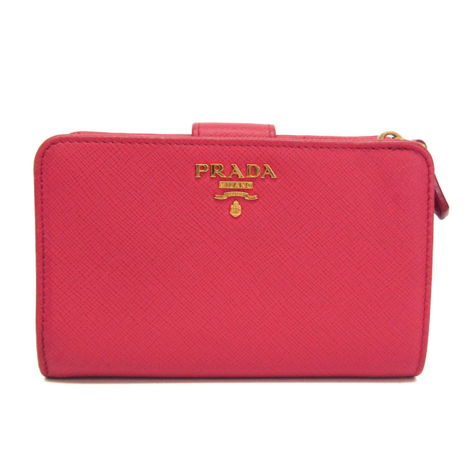 Bi fold leather wallet: Bi fold leather wallet Made from high-quality Italian leather, this Prada bi-fold wallet features a sleek pink color and a snap fastener closure. The wallet includes a bill slot, 10 card slots, and a 