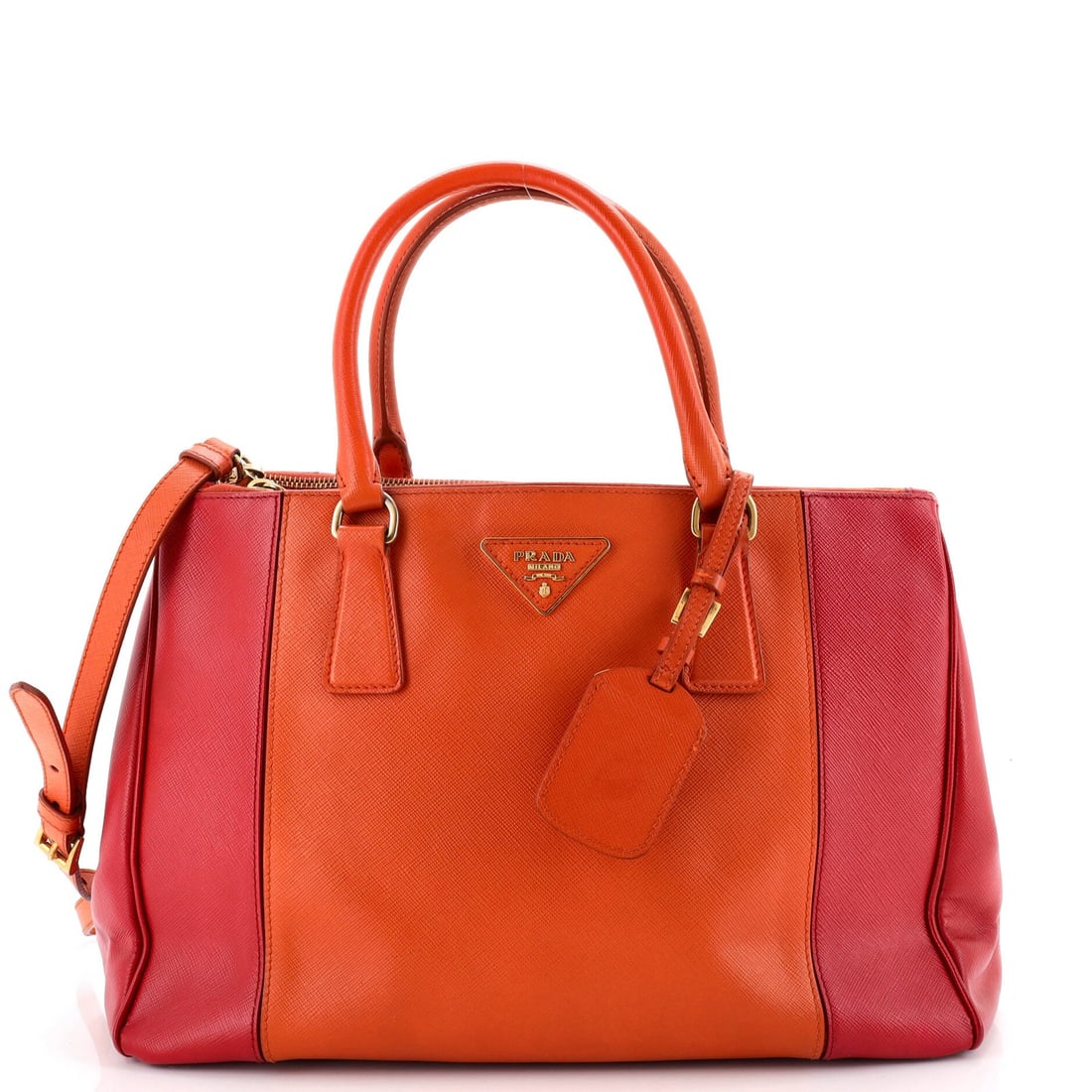 Bicolor Double Zip Lux Tote Saffiano Leather Medium Prada: Bicolor Double Zip Lux Tote Saffiano Leather Medium Prada Orange Saffiano Leather Medium Prada Bicolor Double Zip Lux Tote, featuring a durable exterior with minor corner wear and edge wear, and a