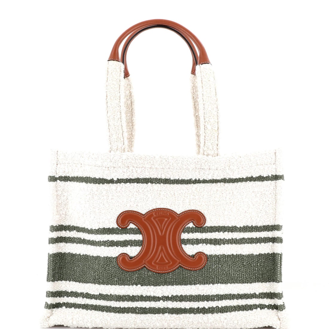 Celine Cabas Thais Tote Striped Fabric Large: Celine Cabas Thais Tote Striped Fabric Large Neutral green and multicolor striped fabric makes this Celine Cabas Thais Tote a unique and eye-catching accessory. Measuring 7" tall, 10" wide, and 5"