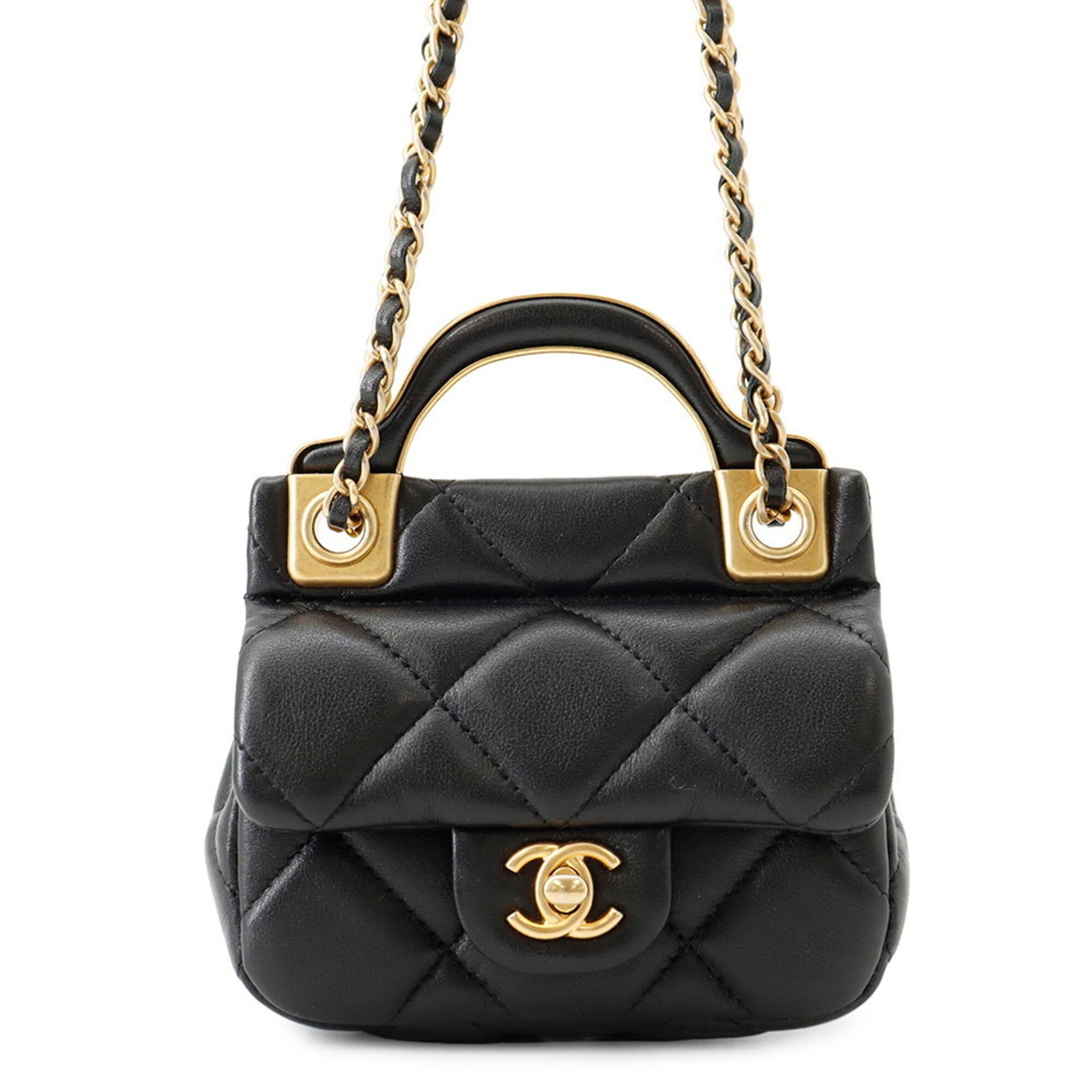 Shoulder Bag Leather Handbag Chanel: Shoulder Bag Leather Handbag Chanel Lambskin leather in black, adorned with gold hardware, makes this Chanel shoulder bag a sleek and sophisticated accessory. Measuring 9cm x 10.5cm x 3cm, it offers