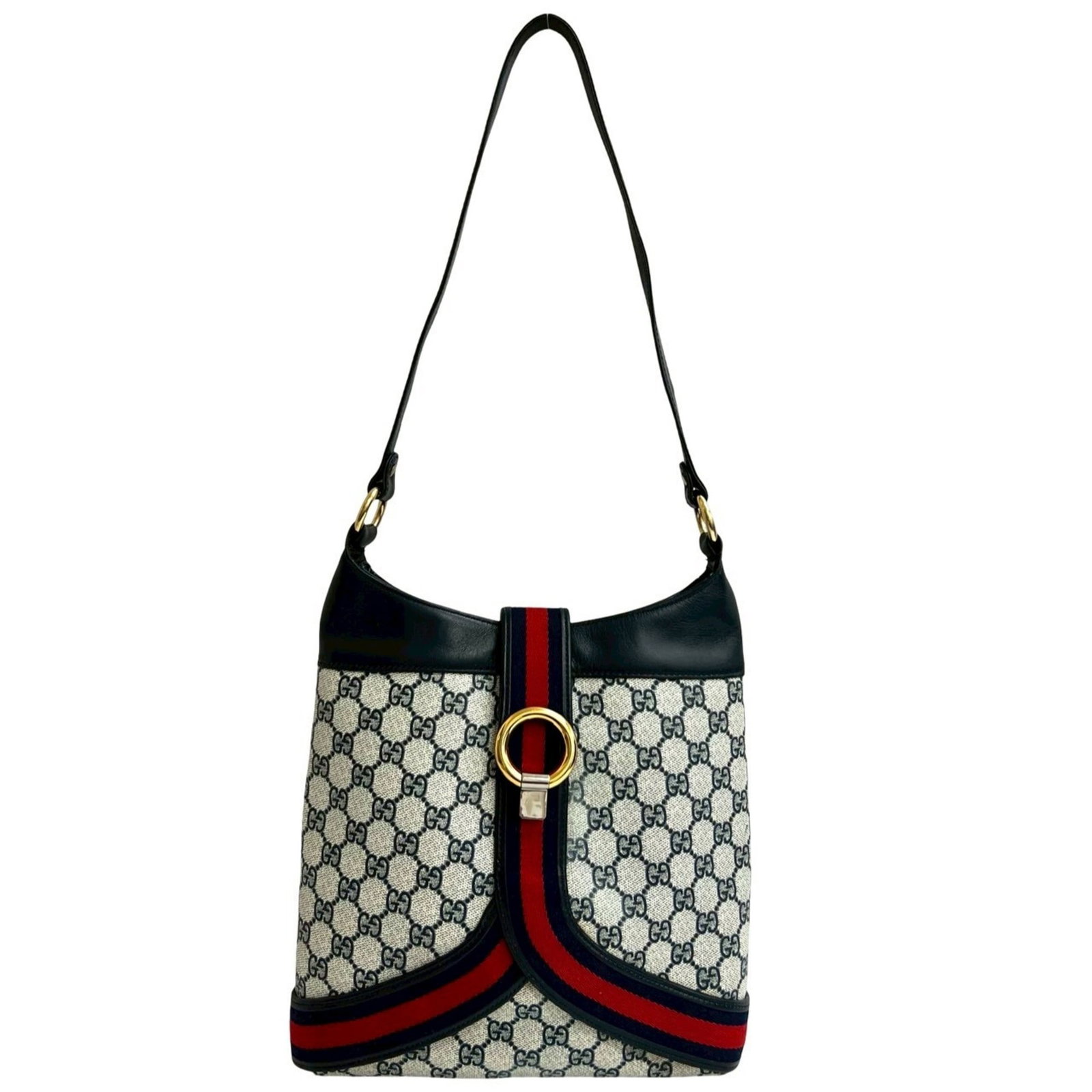 Shoulder Bag Leather Pvc Gucci: Shoulder Bag Leather Pvc Gucci Navy and red color accents add a pop of contrast to this Gucci shoulder bag made from a combination of leather and PVC. The bag's sleek design and classic style make it