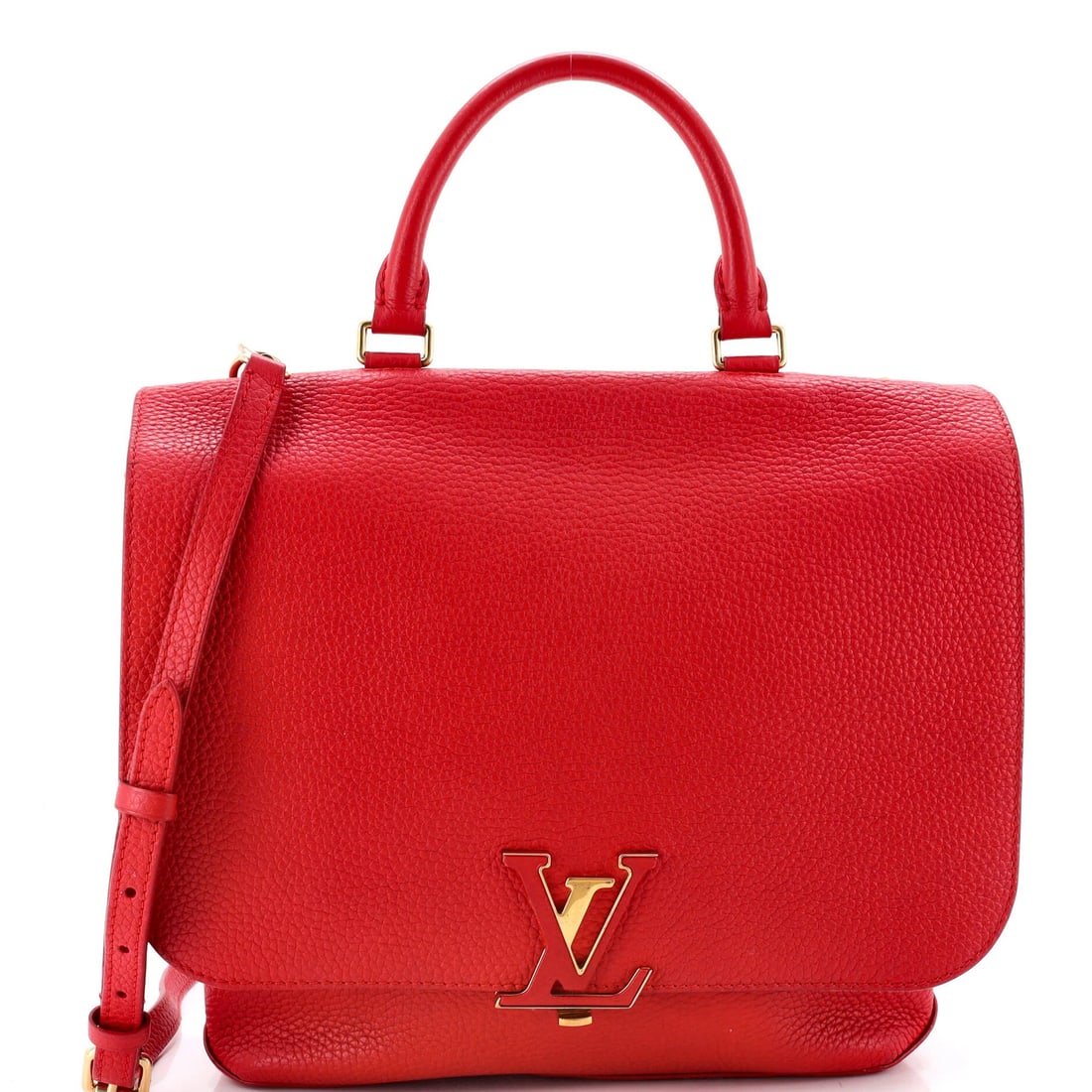 Louis Vuitton Volta Handbag Leather: Louis Vuitton Volta Handbag Leather Red Louis Vuitton Volta Handbag Leather with gold hardware, featuring a neutral microfiber interior and a classic top handle design. The bag measures 11" tall, 11"
