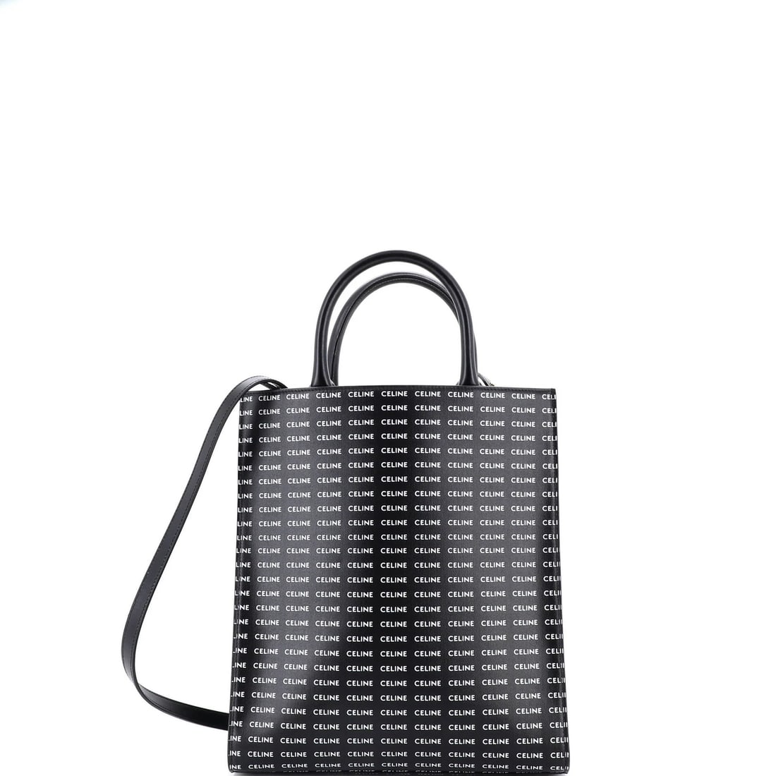Cabas Tote Logo Print Over All Small Leather Vertical Celine: Cabas Tote Logo Print Over All Small Leather Vertical Celine Small Leather Vertical Celine Cabas Tote with All Over Logo Print in Black, Multicolor, and White. This stylish tote features a classic
