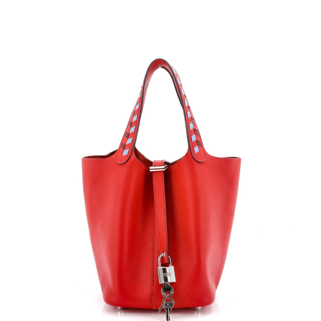 Hermes Picotin Lock Bag Tressage Epsom PM: Hermes Picotin Lock Bag Tressage Epsom PM The Hermes Picotin Lock Bag Tressage Epsom PM is a stylish and functional leather bag, boasting a striking red exterior with blue accents. With its Palladium 