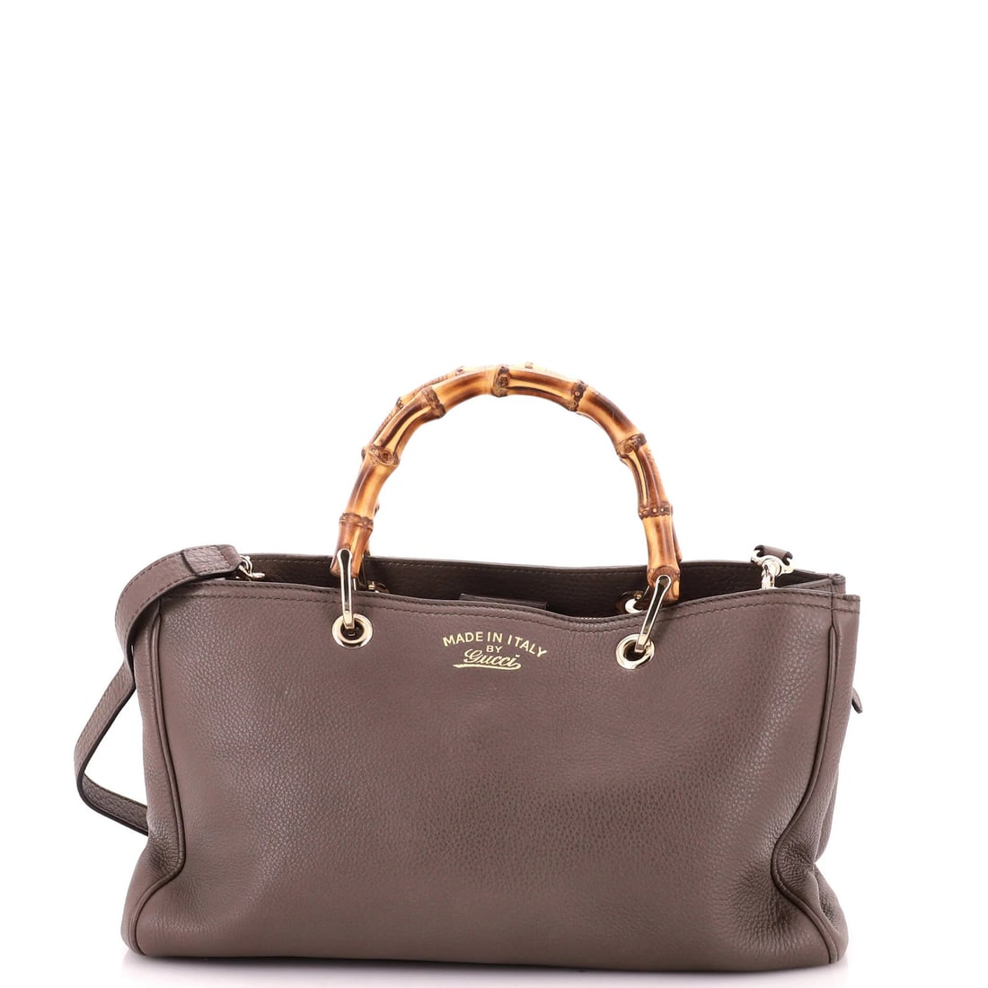 Bamboo Shopper Tote Leather Gucci Medium: Bamboo Shopper Tote Leather Gucci Medium Bamboo Shopper Tote in rich brown leather, featuring a classic medium size and sturdy gold-tone hardware. Minor wear and creases are present, but the overall c