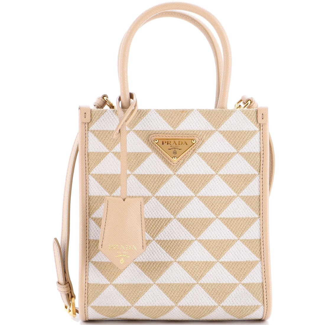 Jacquard Mini Tote Shopper Symbole Prada: Jacquard Mini Tote Shopper Symbole Prada Gold Jacquard Mini Tote with Symbole Shopper Tote Details, Perfect for Everyday Carry. This Prada Symbole Shopper Tote features a striking gold Jacquard