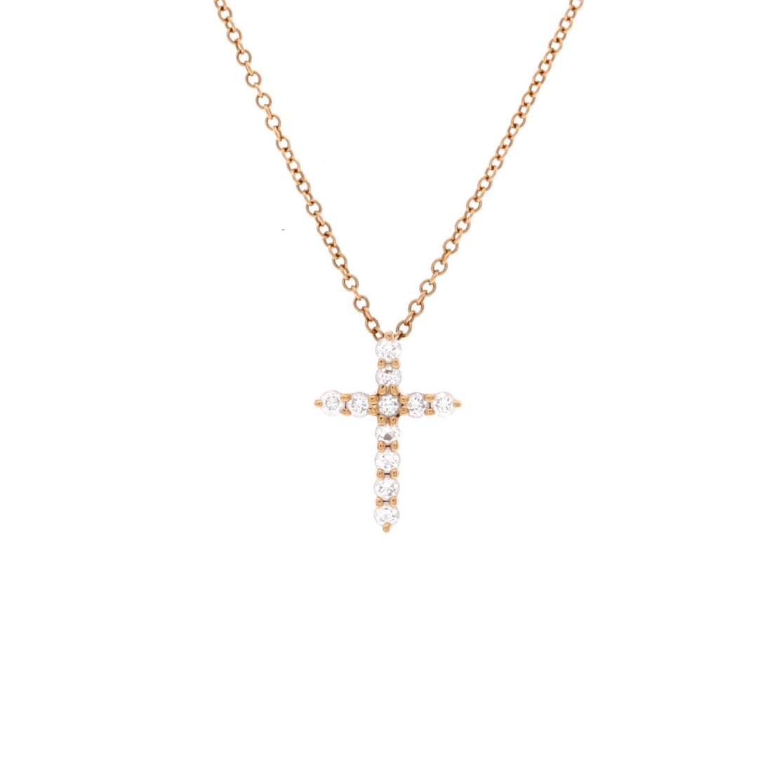Tiffany Co Cross Pendant Necklace 18K Rose Gold with Diamonds Mini: Tiffany Co Cross Pendant Necklace 18K Rose Gold with Diamonds Mini 18K Rose Gold Cross Pendant Necklace with Diamonds Miniature Details: Tiffany & Co. Main Stone: Diamond Metal: 18K Rose Gold Metal