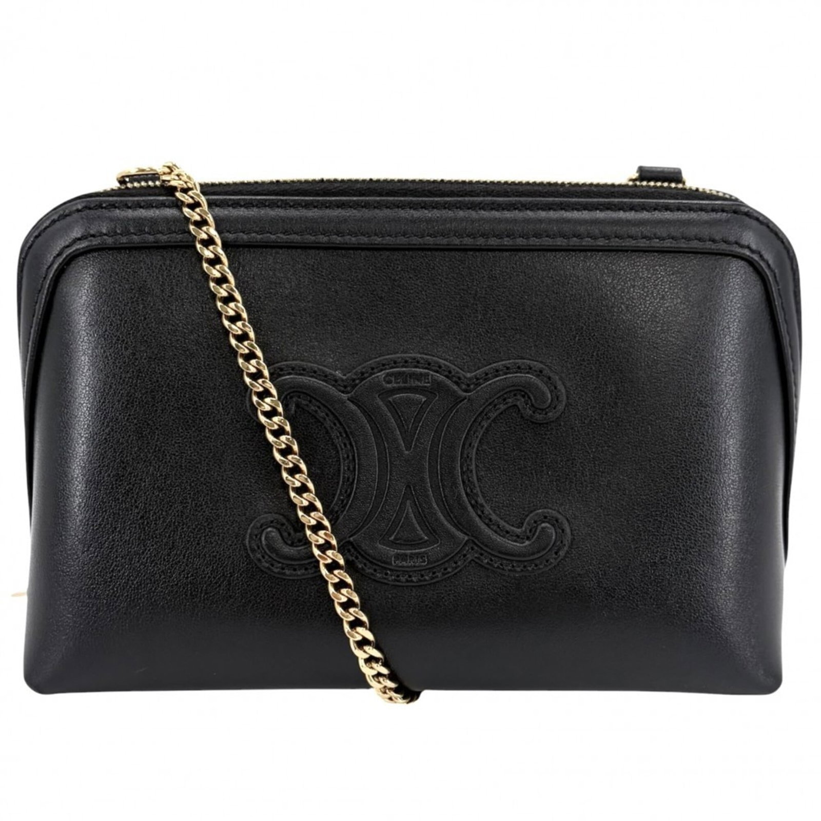 Celine Leather Shoulder Bag Pochette: Celine Leather Shoulder Bag Pochette Black Celine leather pochette with a 108cm shoulder strap, measuring 11cm x 16cm x 8cm. This sleek and compact bag is made from high-quality leather and features
