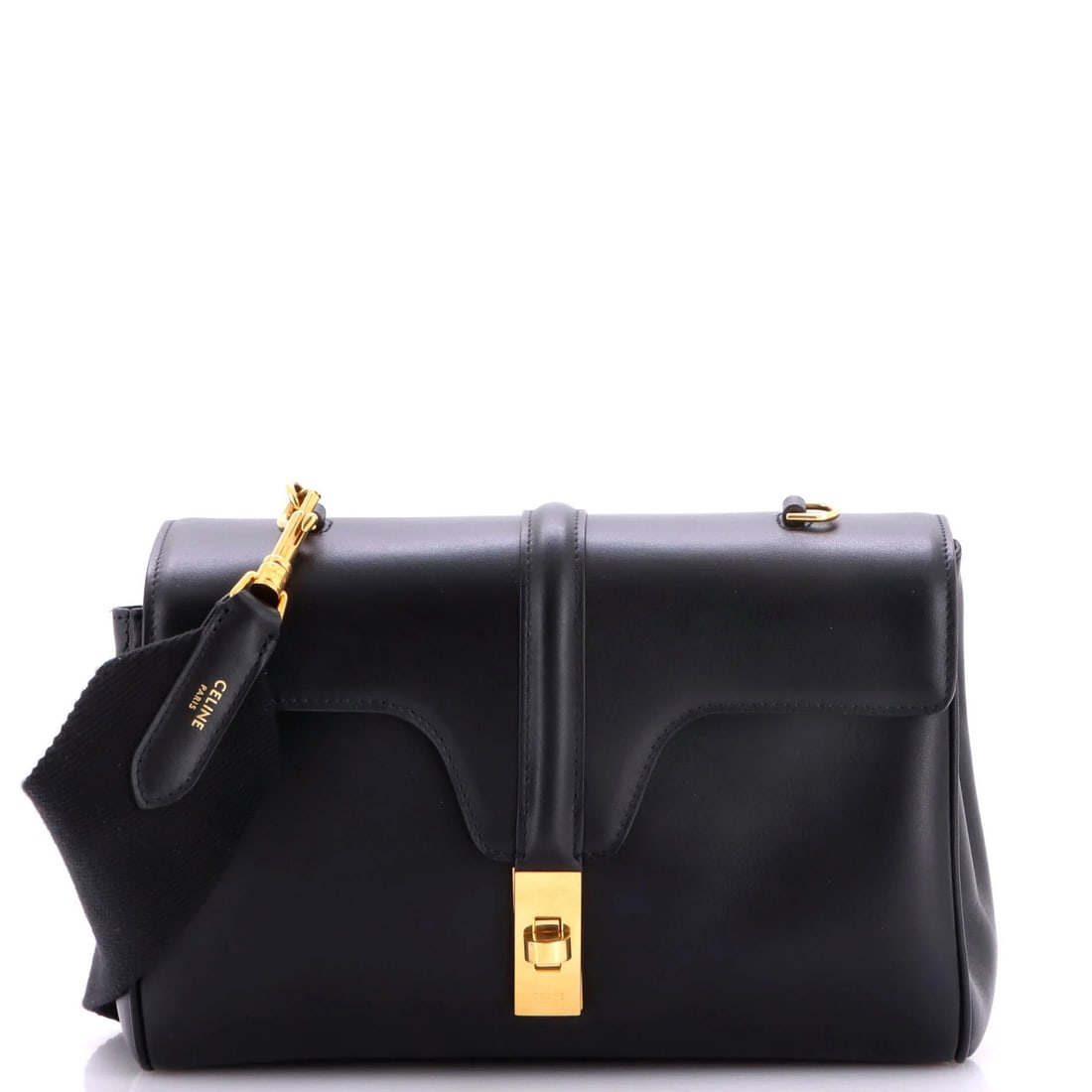 Calfskin Teen Bag Soft 16 Celine: Calfskin Teen Bag Soft 16 Celine Soft 16 Calfskin Teen Bag from Celine, featuring a smooth black leather exterior with minor scuffs and edge wear. The interior boasts a sleek black suede lining,