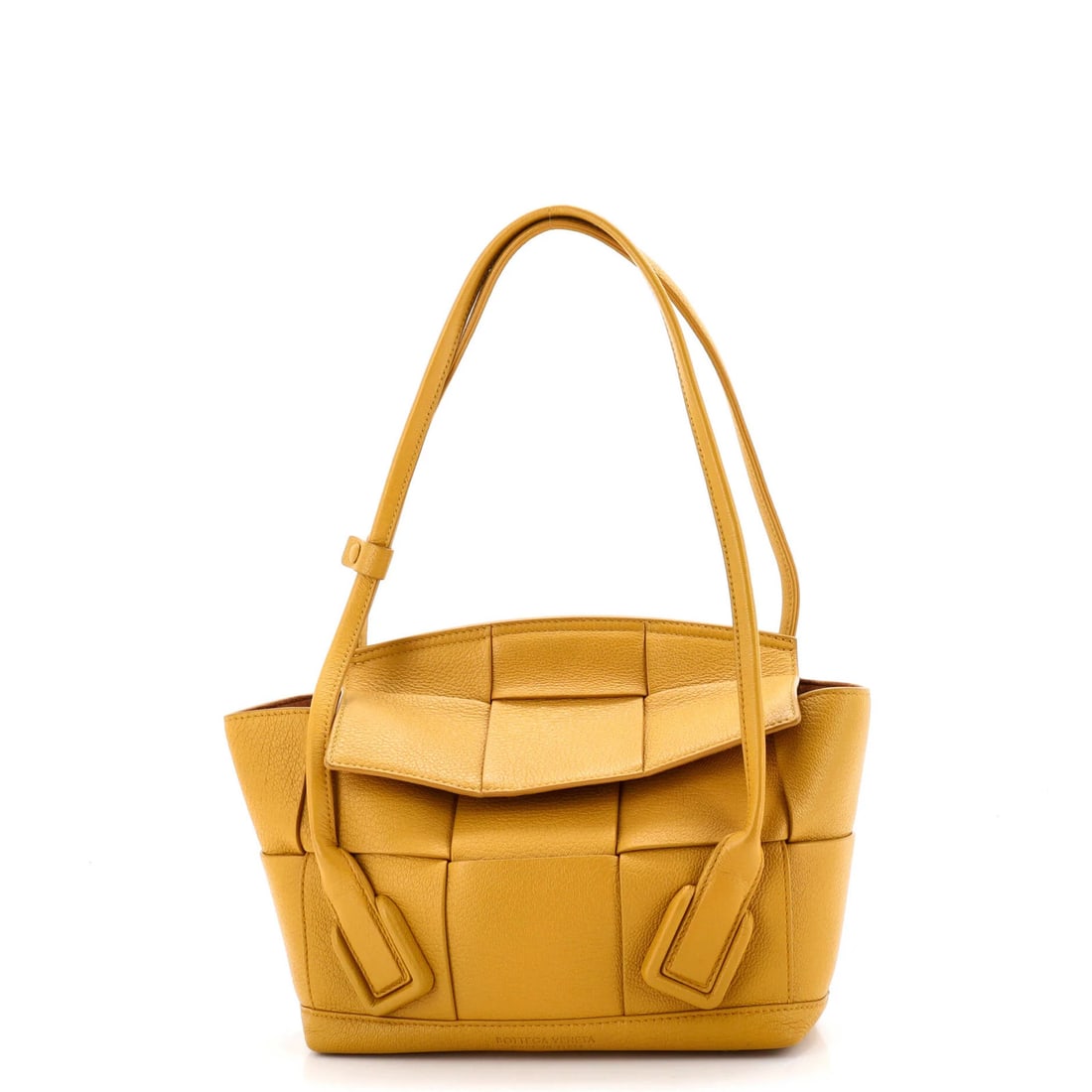 Veneta Arco Intrecciato Leather Small Maxi Bag Bottega: Veneta Arco Intrecciato Leather Small Maxi Bag Bottega Small and stylish, this Bottega Veneta Arco Intrecciato Leather Small Maxi Bag features a vibrant yellow exterior with a rich suede interior and