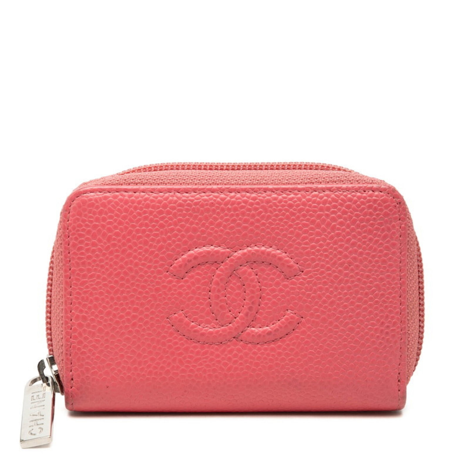 Coin Case Grained Calfskin by Chanel: Coin Case Grained Calfskin by Chanel Coin Case Grained Calfskin by Chanel - A chic and compact accessory, this pink coin case features a sleek zipper closure and is crafted from high-quality grained c