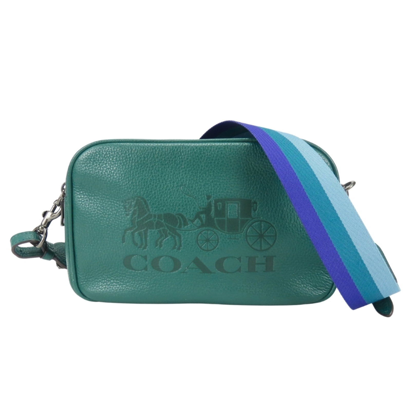Shoulder Bag Leather Coach: Shoulder Bag Leather Coach This Coach shoulder bag is crafted from high-quality leather, available in a unique green, purple, and blue color combination. Measuring 16cm x 25cm x 8.5cm, it features a