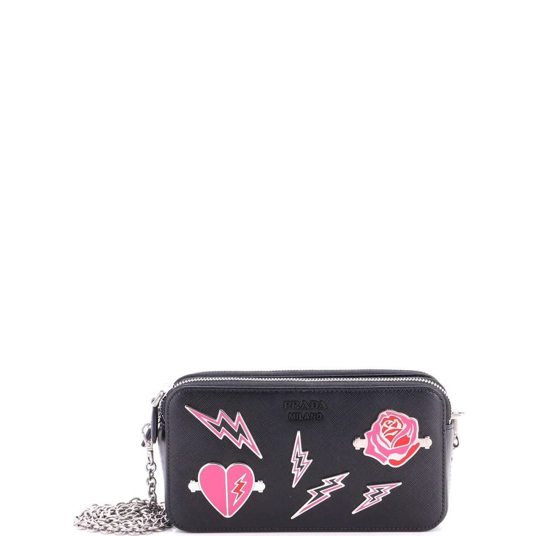 Double zip wallet on chain crossbody pin embellished with Saffiano: Double zip wallet on chain crossbody pin embellished with Saffiano The Prada Double Zip Wallet on Chain Crossbody Pin is a sleek and stylish accessory, featuring a black Saffiano leather exterior