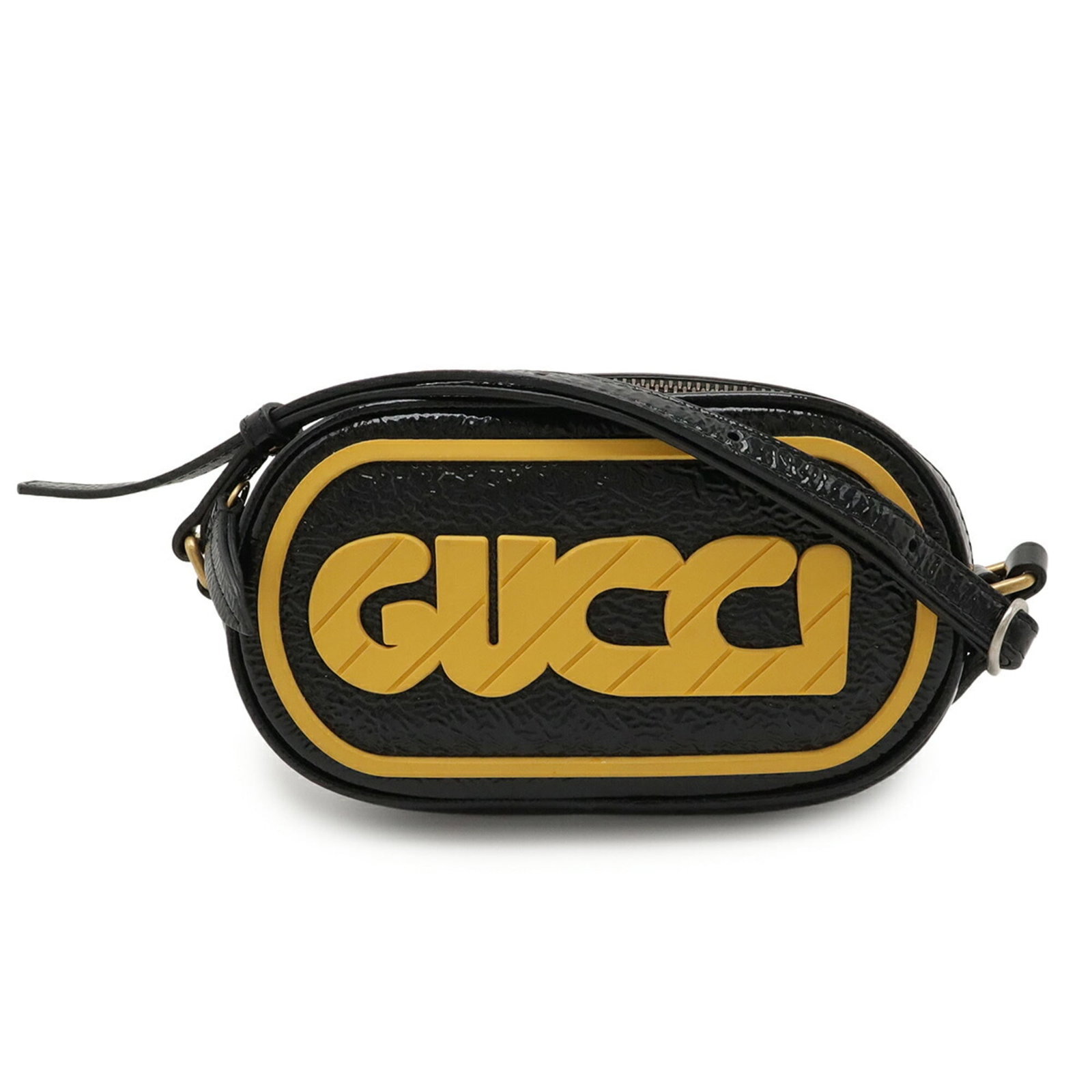 Patent Leather Rubber Gucci Pochette Shoulder Bag: Patent Leather Rubber Gucci Pochette Shoulder Bag Patent leather and rubber combine in this sleek Gucci Pochette Shoulder Bag, crafted in Italy with a distinctive black and yellow color scheme.