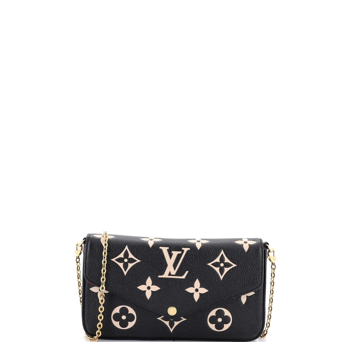Vuitton Monogram Pochette Empreinte Bicolor Felicie Giant Louis: Vuitton Monogram Pochette Empreinte Bicolor Felicie Giant Louis The Louis Vuitton Felicie Giant Pochette Bicolor Monogram Empreinte is a striking cross body bag with a bold, black and red monogram