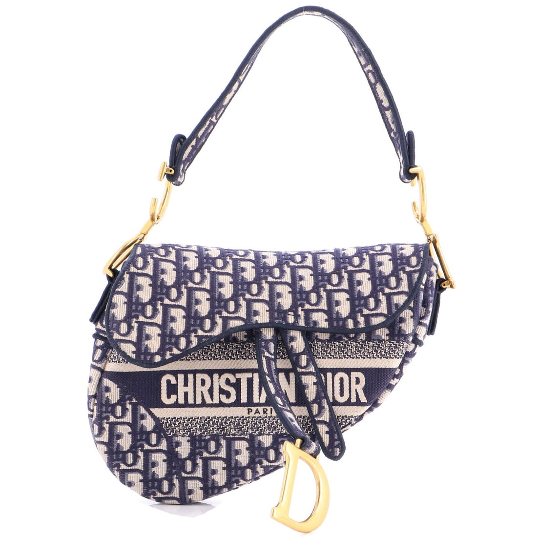 Dior Logo Saddle Handbag Medium Christian Canvas Oblique Embroidered: Dior Logo Saddle Handbag Medium Christian Canvas Oblique Embroidered Blue canvas medium saddle handbag with oblique embroidered logo, featuring gold hardware and minor fraying, creases, and