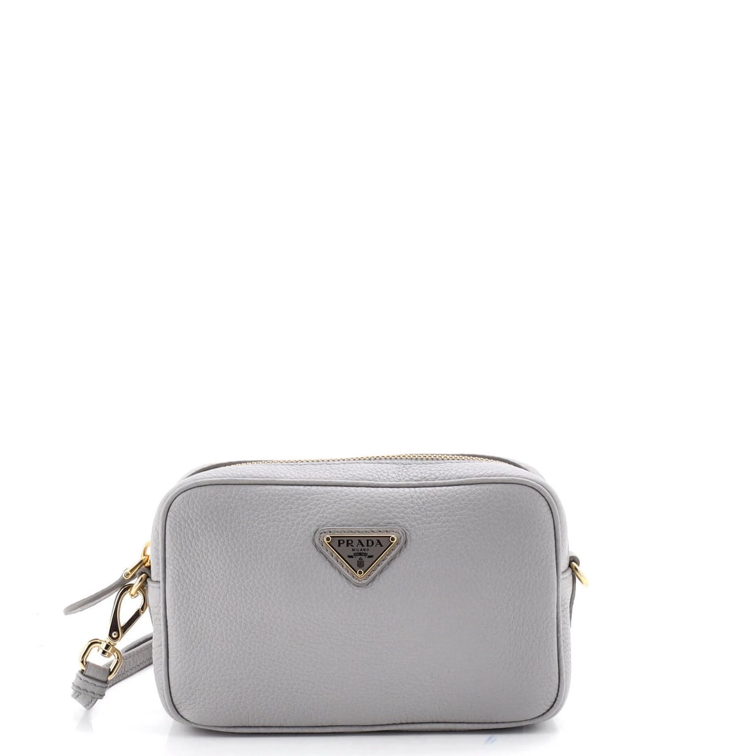 Vitello Soft Mini Camera Prada Bag: Vitello Soft Mini Camera Prada Bag Gray Vitello Soft Mini Camera Prada Bag with Gold Hardware, featuring a cross body design and minor creases on exterior and handles/straps. The bag measures 4.5" hei